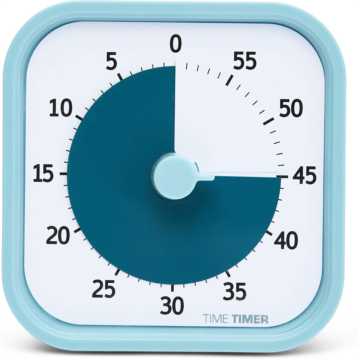Ein blauer quadratischer analoger Timer mit weißem und blauem Zifferblatt.