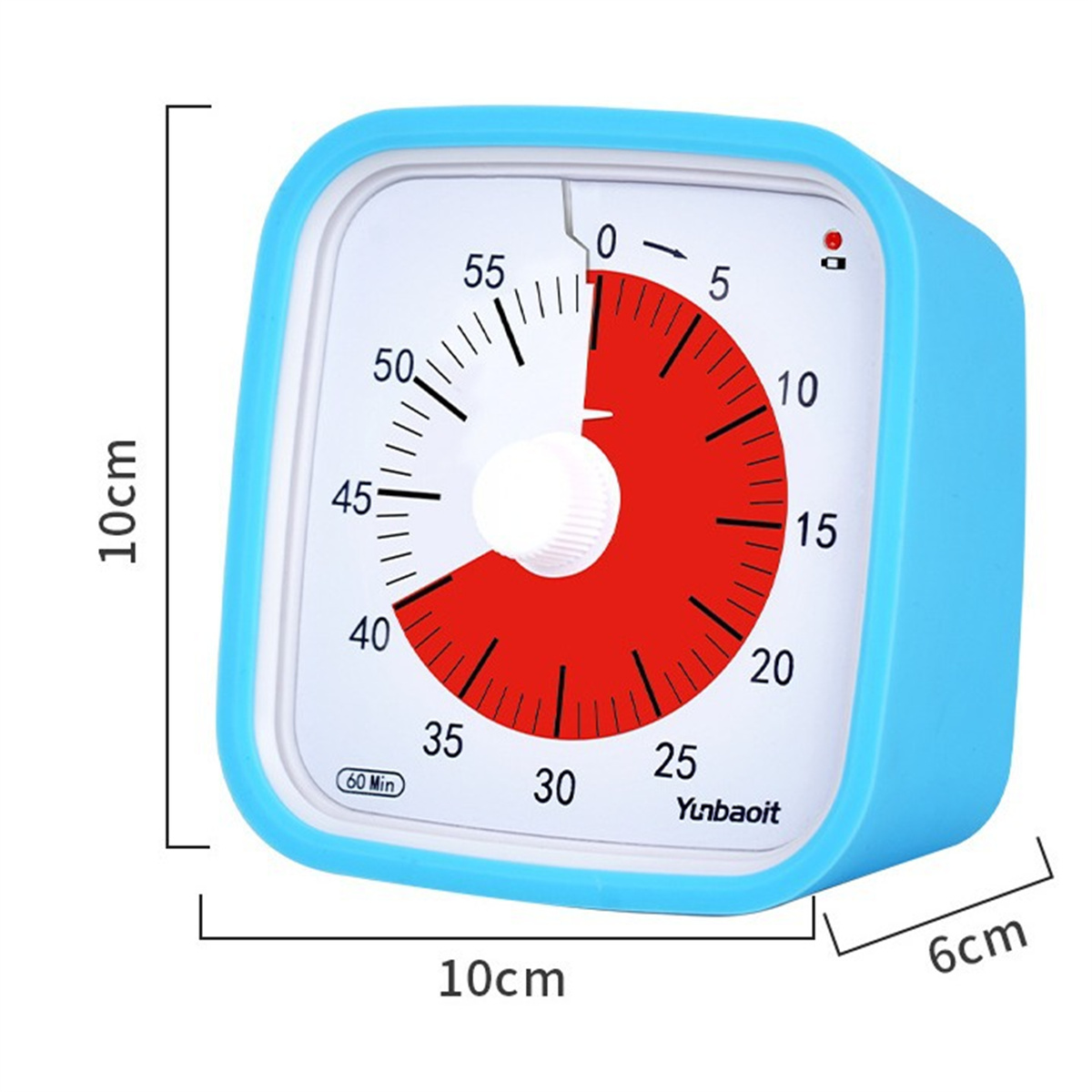 Blauer quadratischer Timer mit weißem Zifferblatt. Zeigt 40 Minuten Rest, mit Markierungen. 10 cm x 10 cm x 6 cm.
