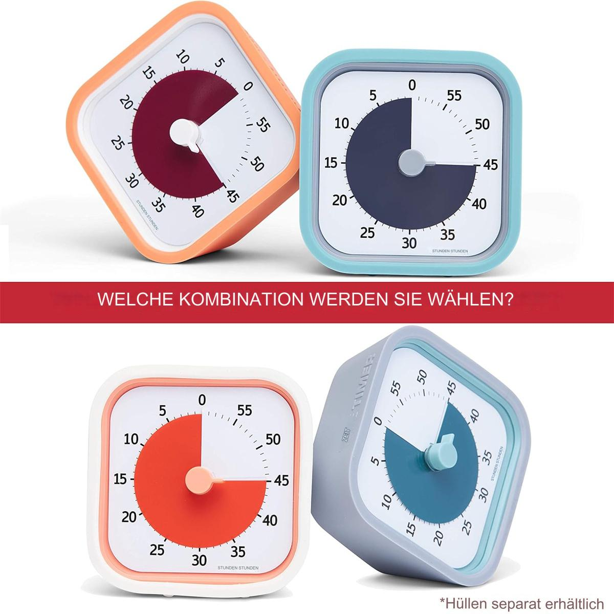 Vier quadratische Timer mit verschiedenfarbigen Zifferblättern: orange, blau, etc.