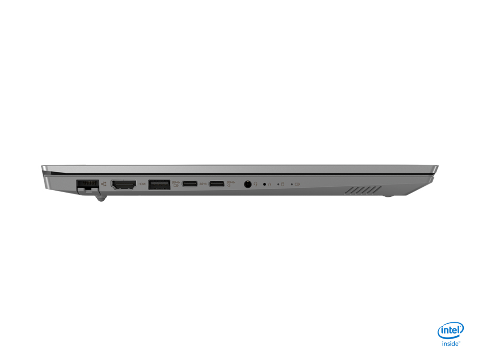 Seitenansicht eines silbernen Laptops mit verschiedenen Anschlüssen am Rand.