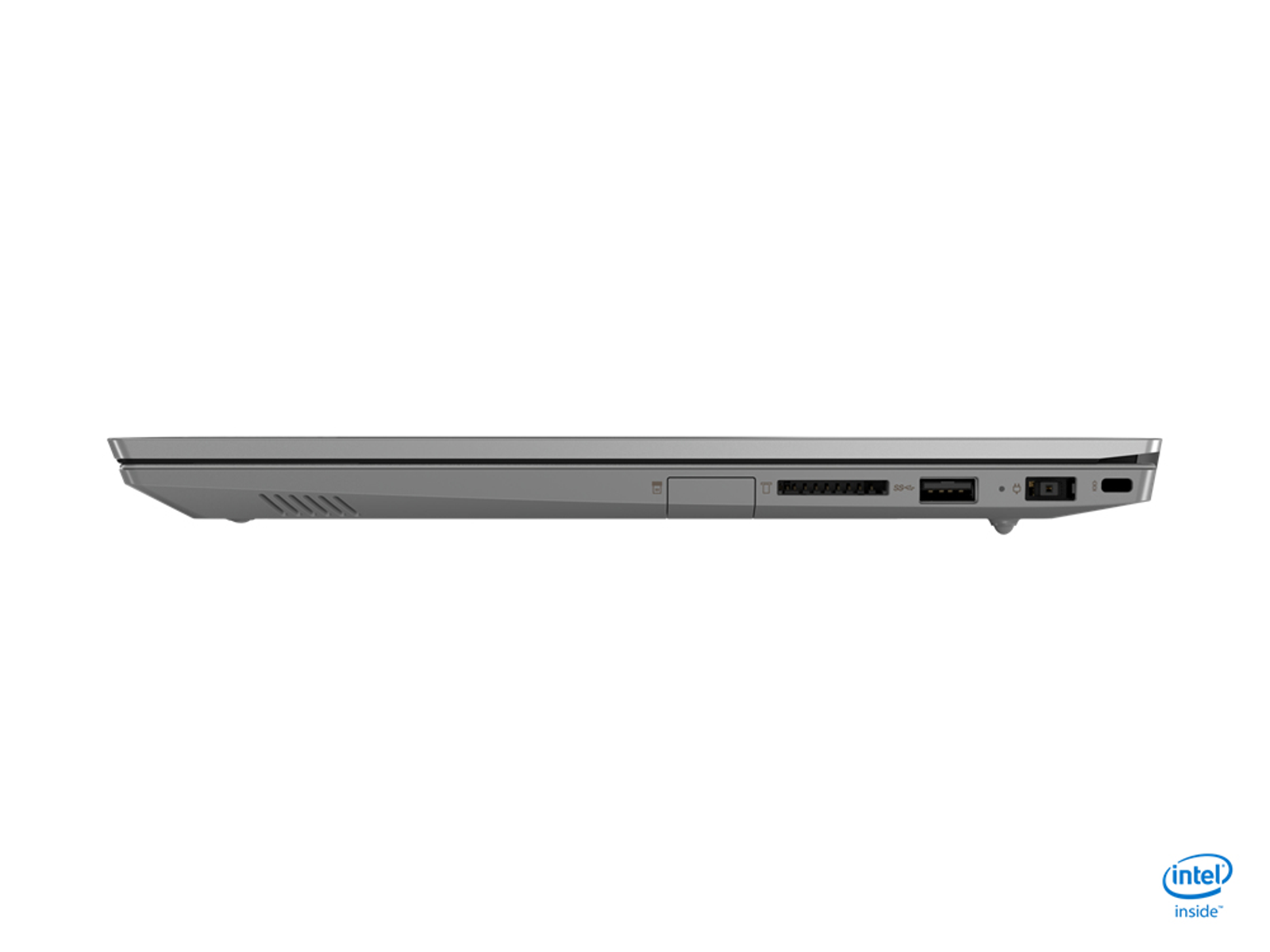 Seitenansicht eines Laptops, grau, mit sichtbaren Anschlüssen und 'intel inside' Aufkleber.
