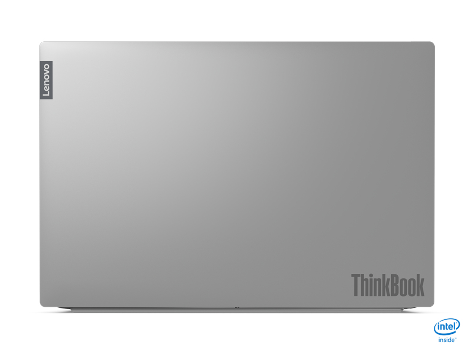Silberner Laptop, geschlossen, mit Lenovo-Logo oben, ThinkBook-Text unten und Intel inside.