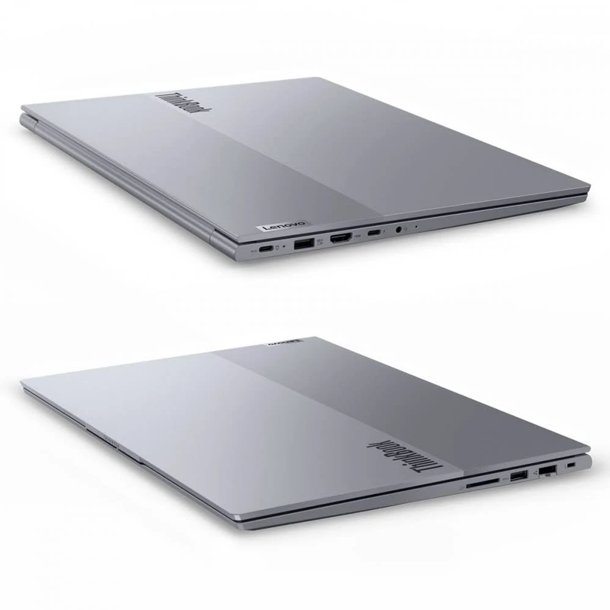 Se muestran dos portátiles Lenovo ThinkBook grises desde diferentes ángulos. Los portátiles están cerrados, mostrando los logotipos ThinkBook y Lenovo.