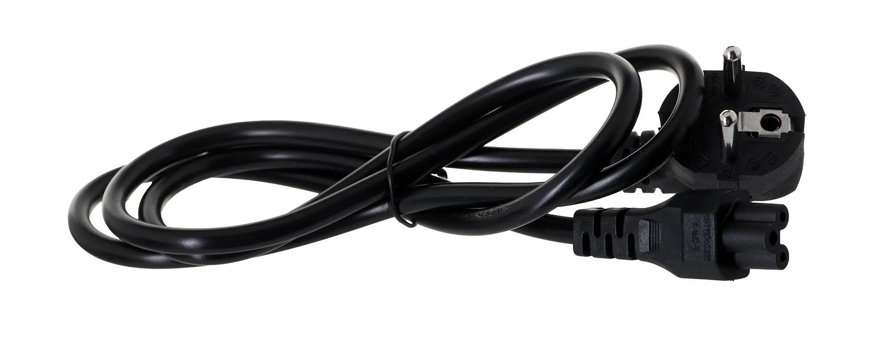 Cable de alimentación negro con enchufe de tres clavijas en un extremo y conector para portátil en el otro.