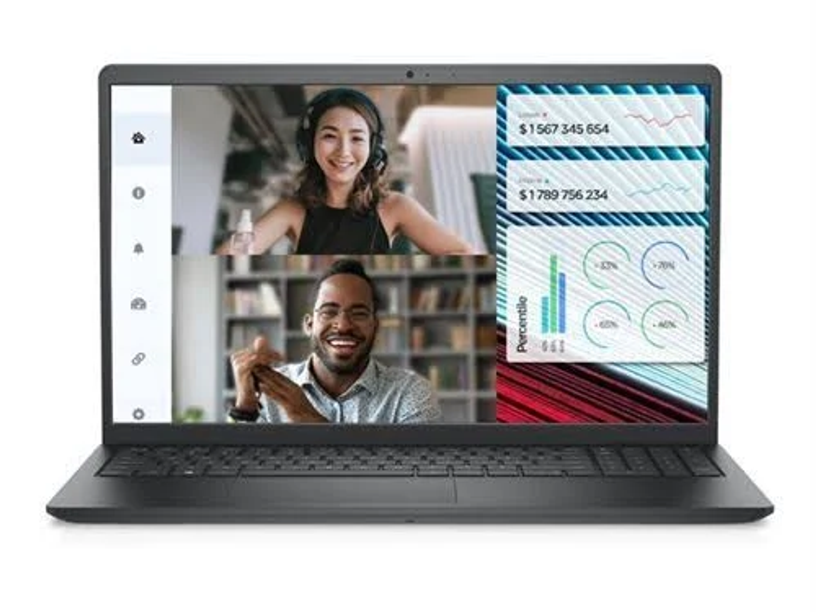 Pantalla de portátil con videollamada mostrando dos personas y datos.