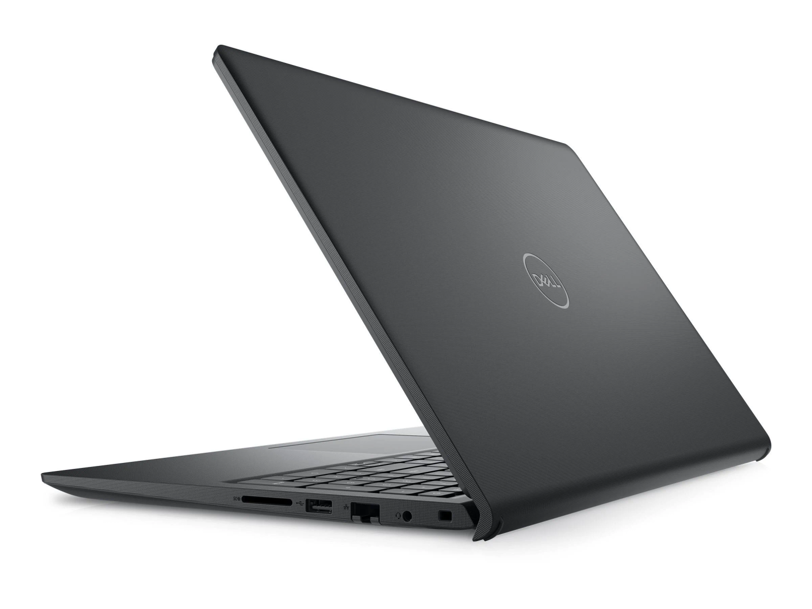 Una computadora portátil gris oscuro está abierta, mostrando el teclado y el logotipo de Dell en la tapa.