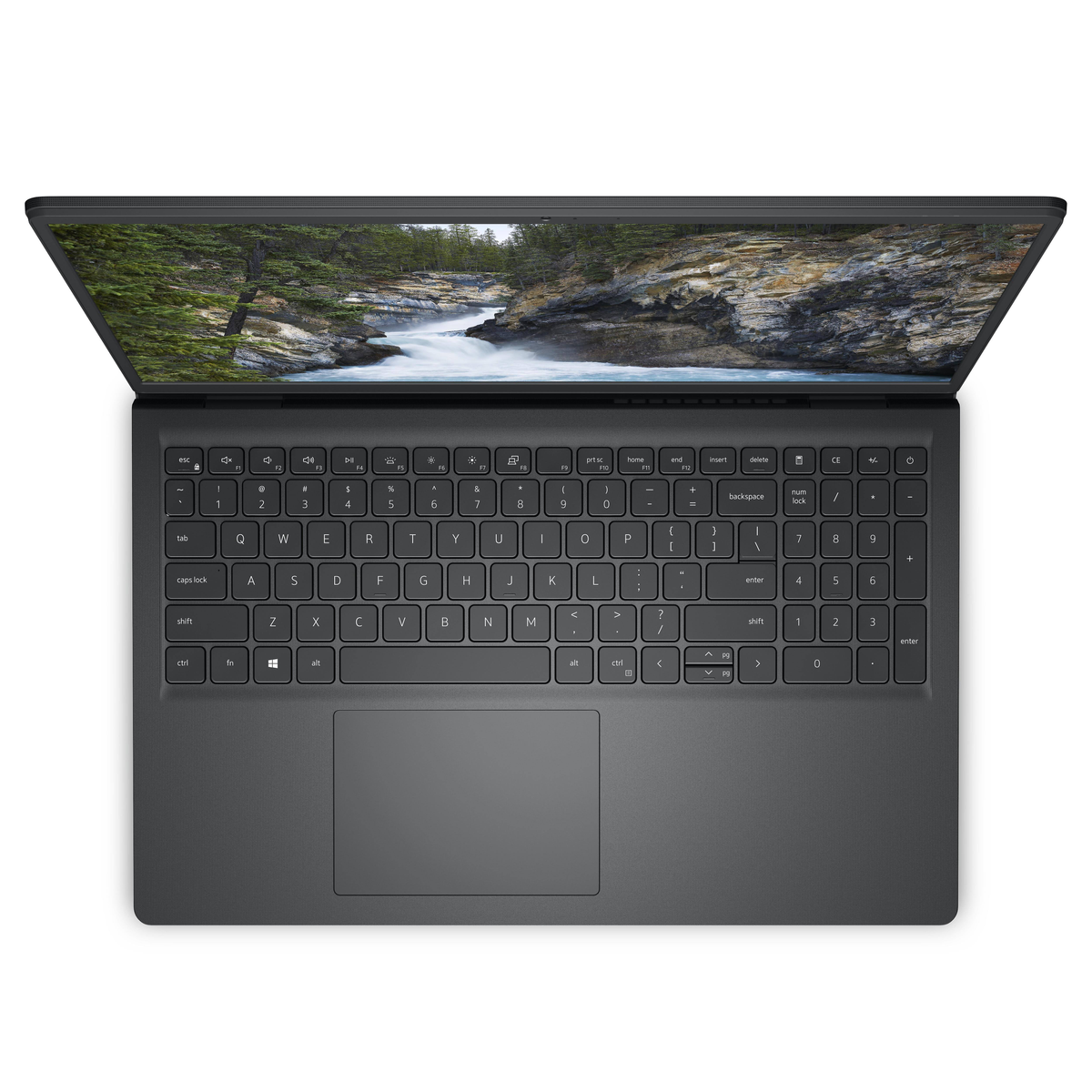 Un portátil gris oscuro abierto con teclado y pantalla que muestra una escena de río.