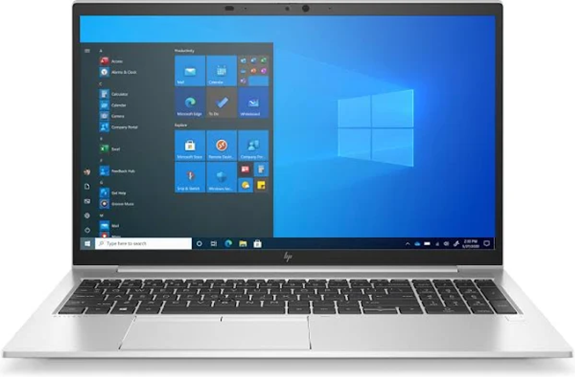 Zilveren laptop met Windows-interface. Witte achtergrond. Toetsenbord en scherm zichtbaar.