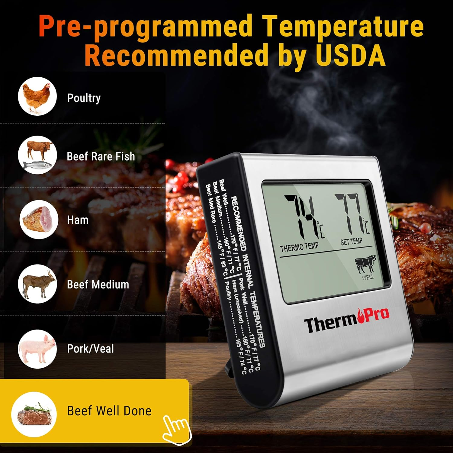 Ein digitales Thermometer auf einem Tisch mit Fleisch- und Lebensmitteletiketten.