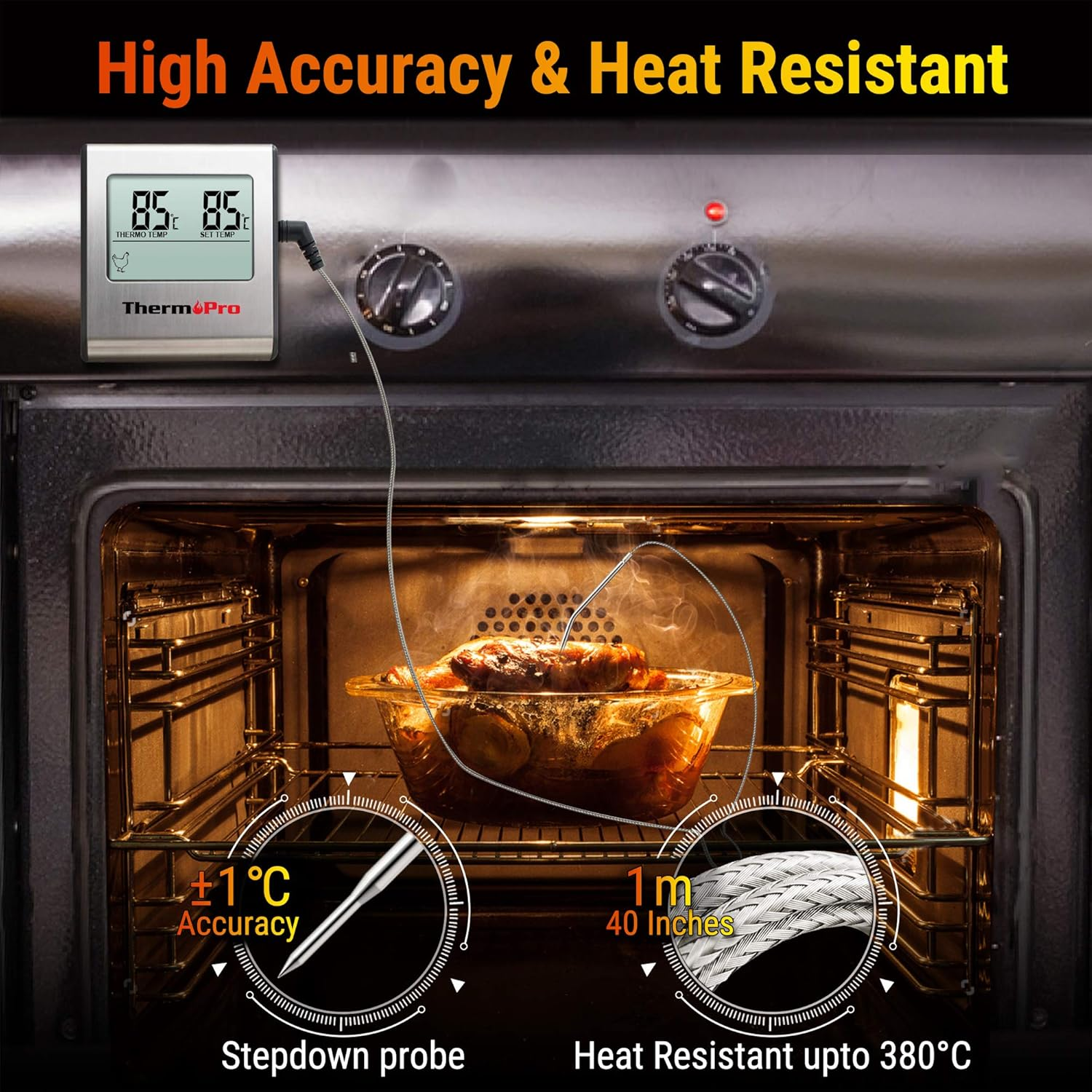 Ofen mit Thermometer, das die Temperatur anzeigt und Fleisch backt.