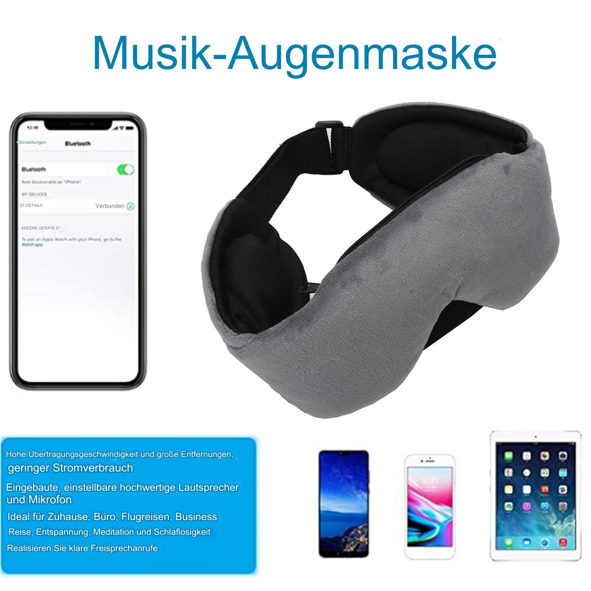 Graue Schlafmaske mit Kopfhörern, Text und Smartphone mit Bluetooth. Weißer und grauer Hintergrund.