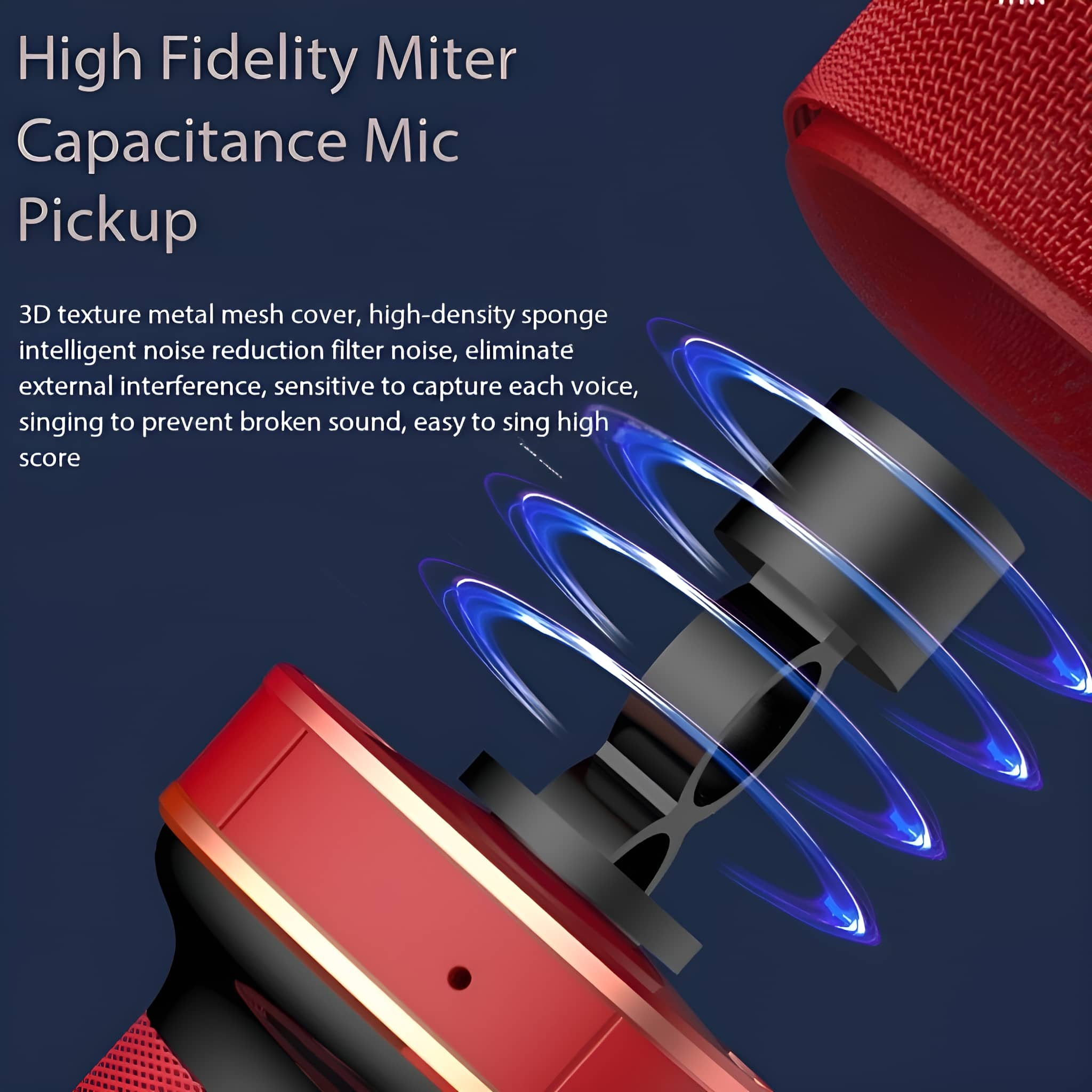 Rotes Mikrofon Detail, mit Mesh-Abdeckung und blauen Schallwellen.