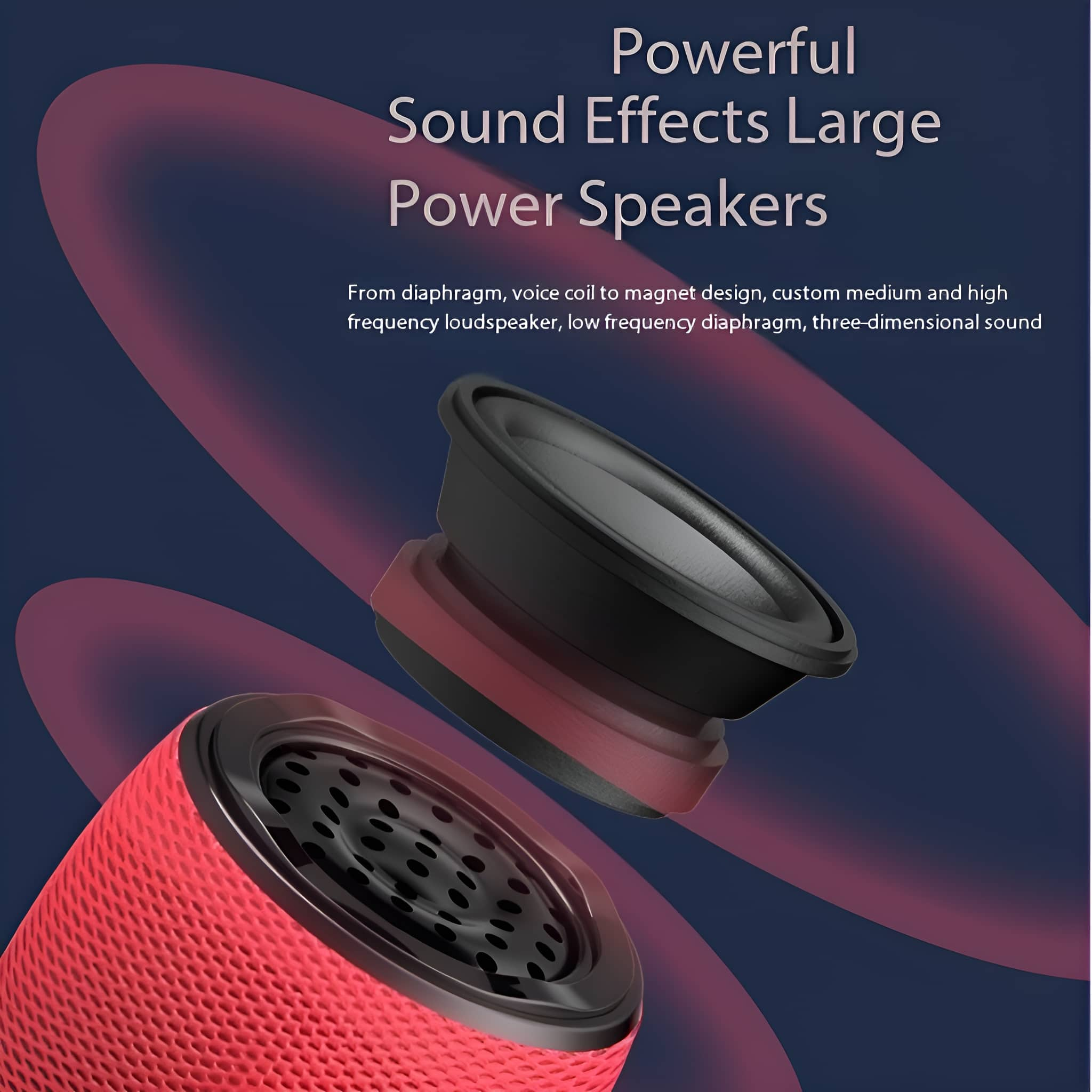 Zwei Lautsprecher in Rot mit schwarzem Zentrum auf dunklem Hintergrund. Text sagt 'Power Speakers'.