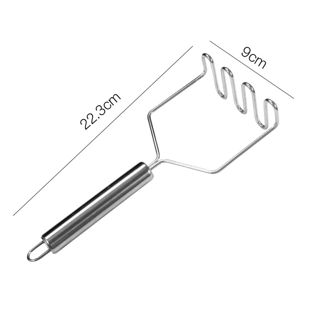 Silberner Kartoffelstampfer. Zeigt Abmessungen in Zentimetern: 22,3 cm x 9 cm.