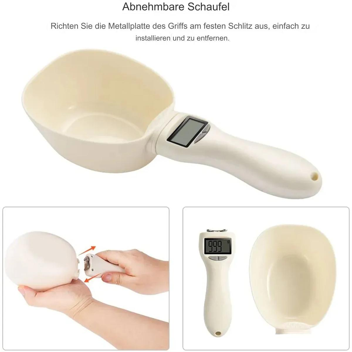 Ein weißer Messbecher mit Griff und Digitalanzeige, mit Anweisungen.