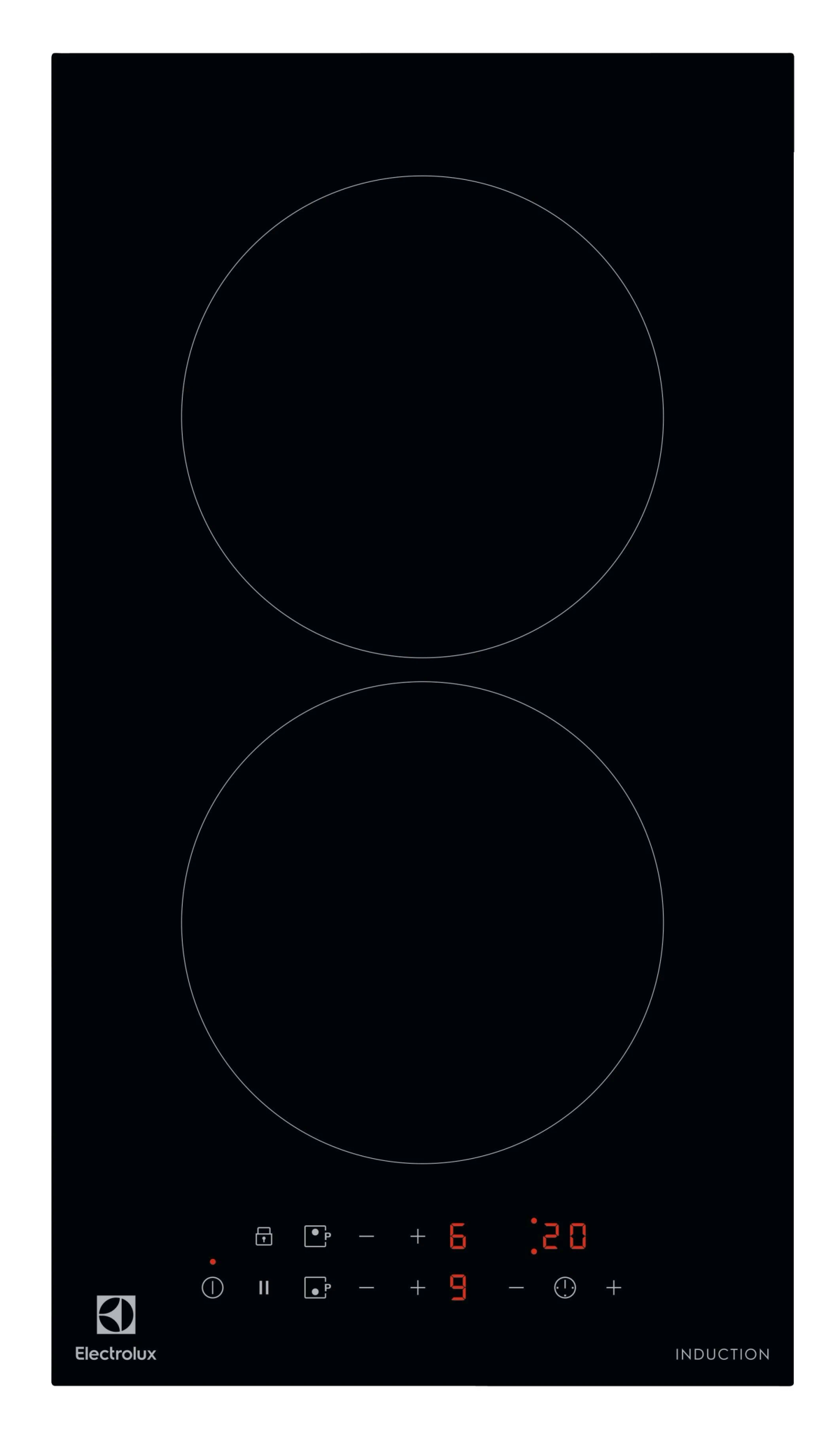 Czarna płyta indukcyjna z dwoma okrągłymi palnikami i wyświetlaczem cyfrowym.