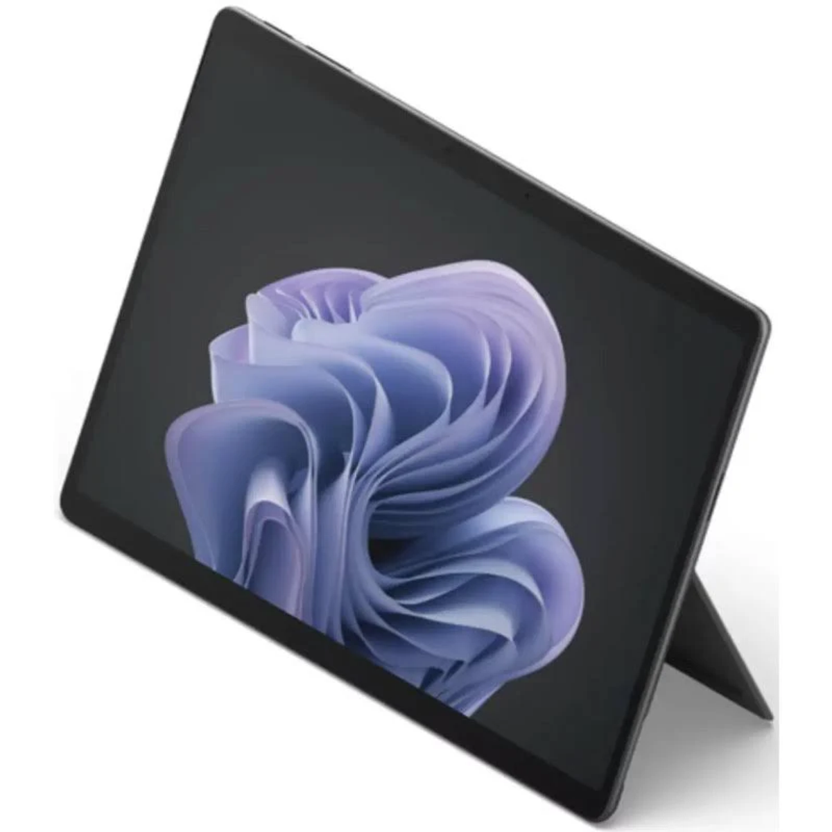 Un tablet nero con supporto, che mostra un design floreale viola.