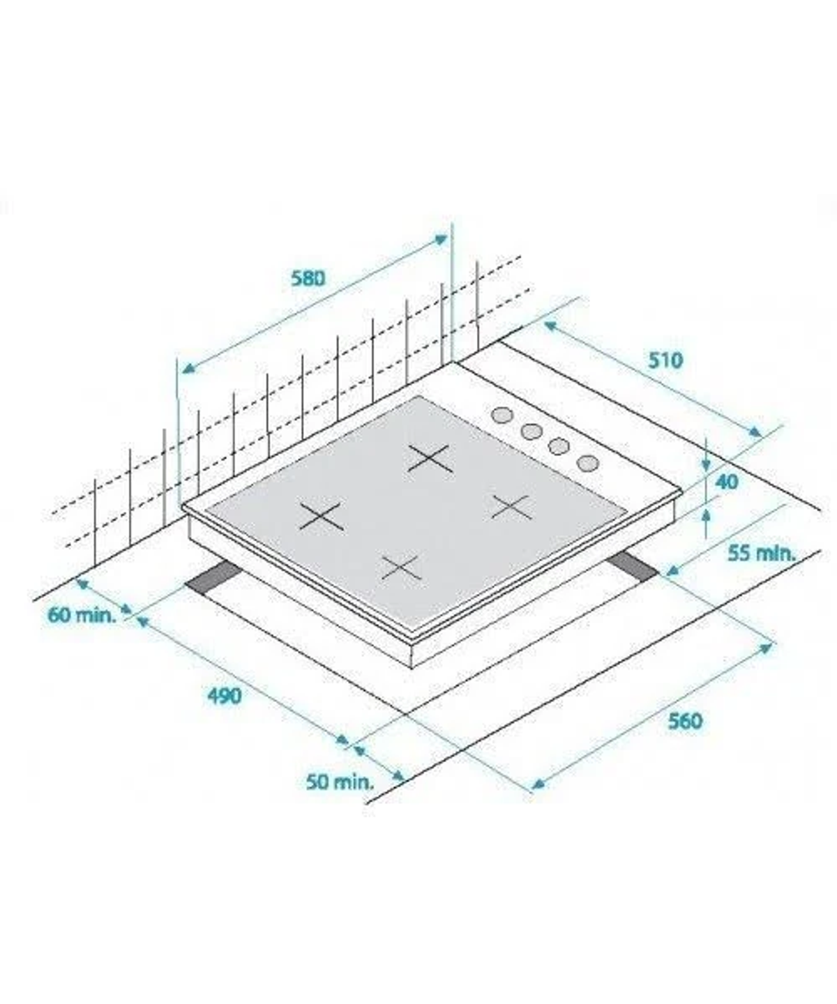 Un diagramma mostra le dimensioni di un piano cottura, con linee e misure in millimetri. Il piano cottura è su una superficie.
