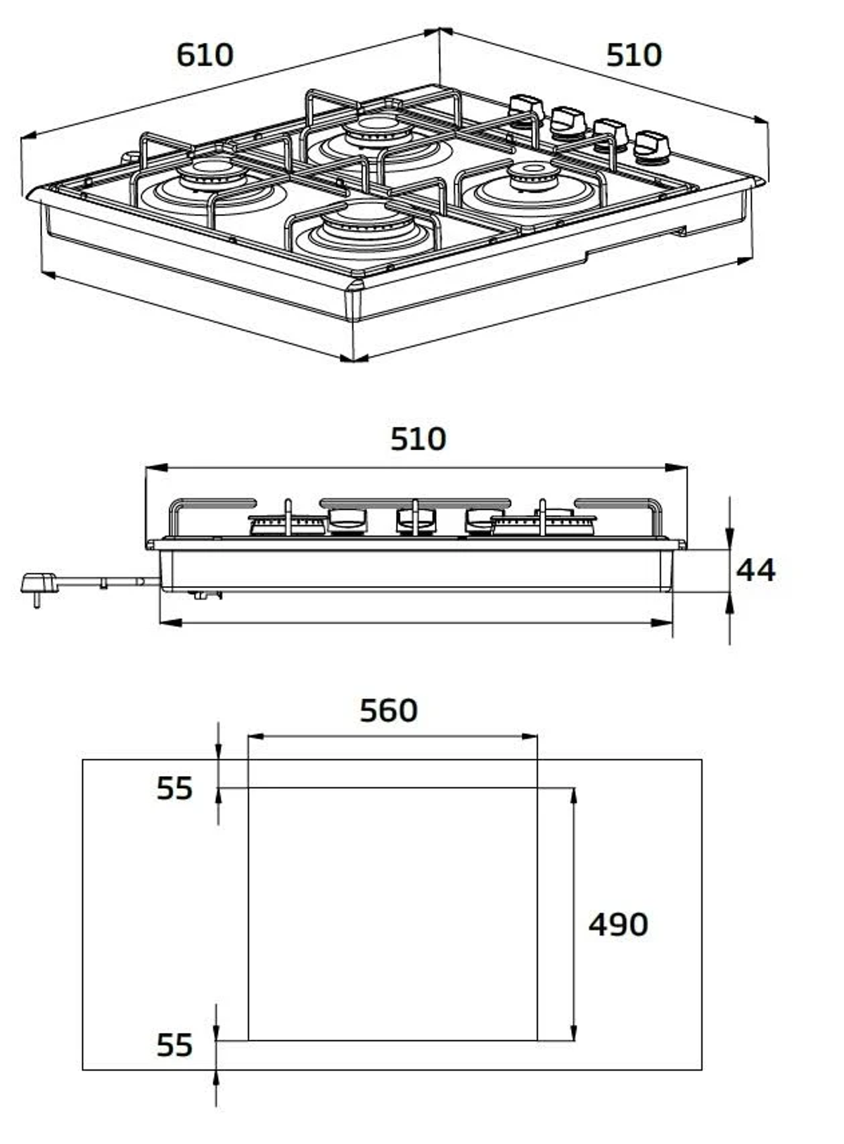 Disegno tecnico di un piano cottura a gas con dimensioni in millimetri. Include viste dall'alto e laterali.