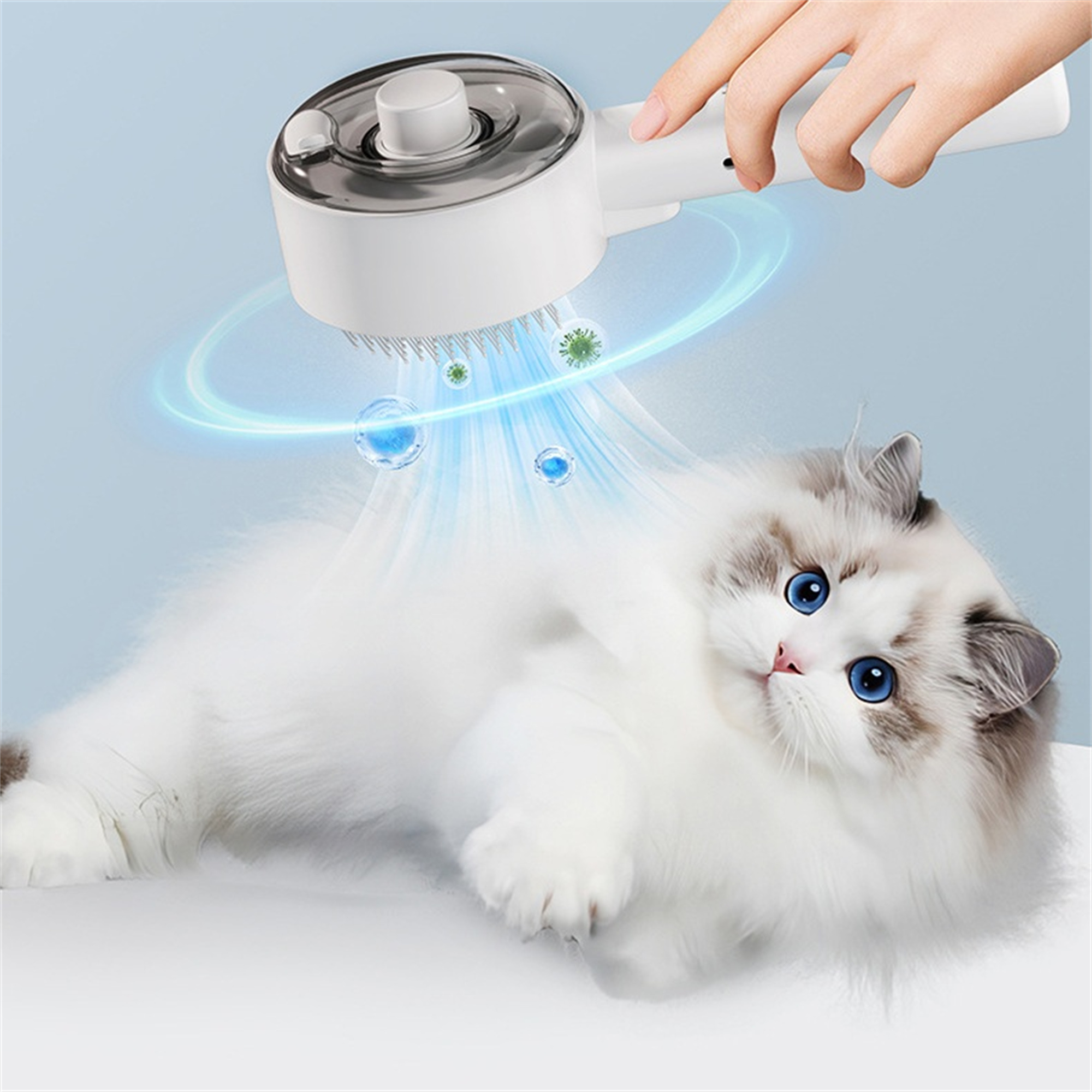 Eine weiße Haustierbürste, die eine Katze pflegt. Die Bürste hat einen Griff und gibt einen blauen Luftstrom ab.