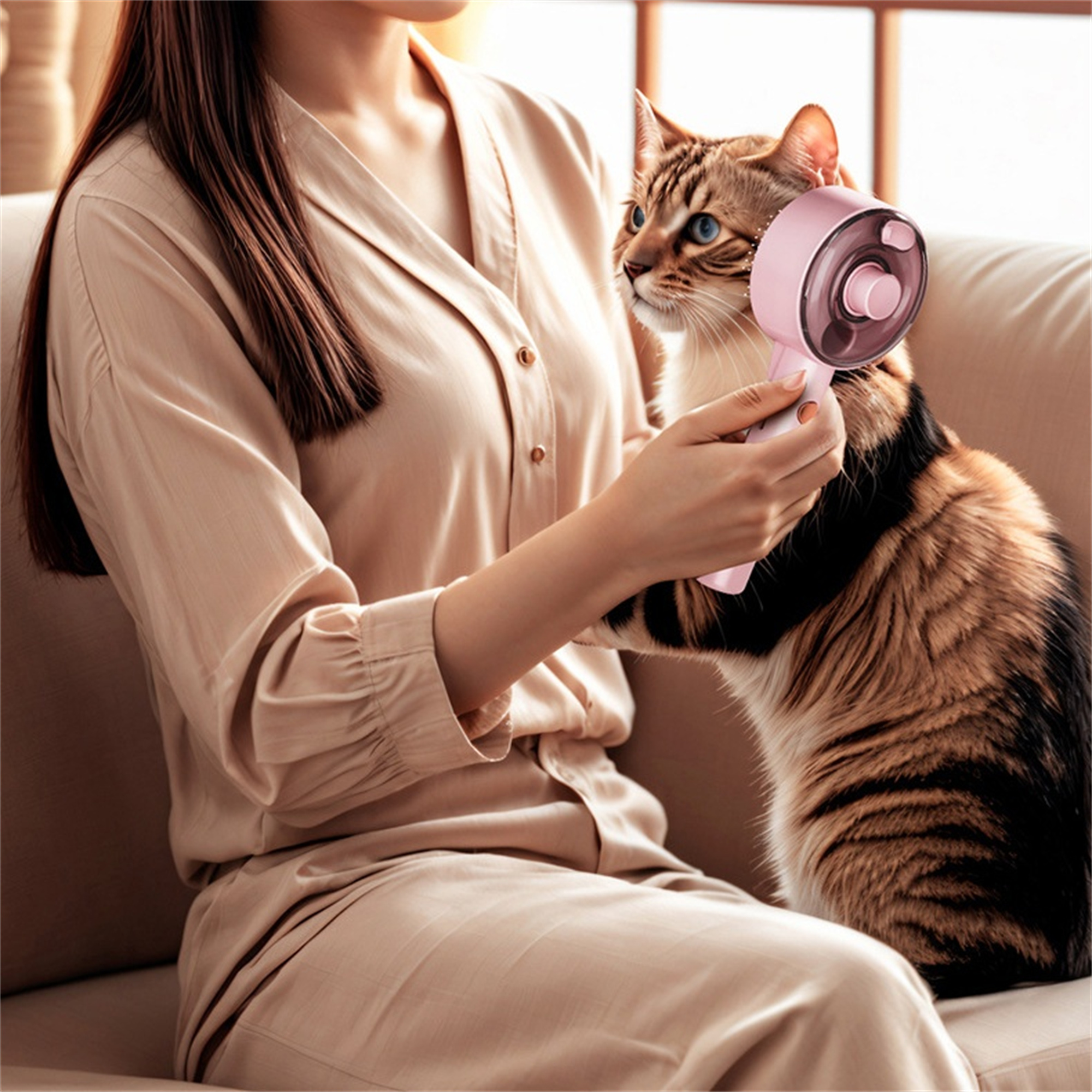 Frau bürstet Katze mit pinkfarbenem Handgerät auf Sofa.