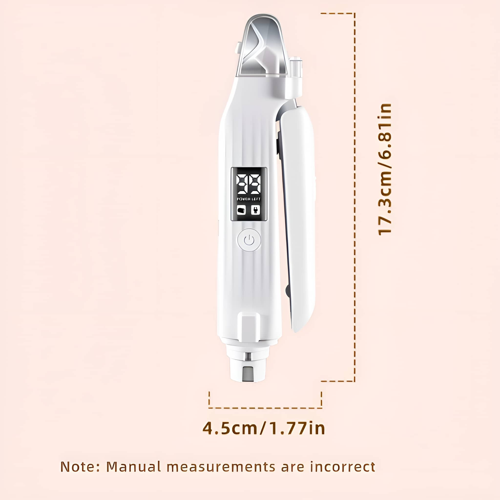 Ein weißer Nagelknipser mit Digitalanzeige, die „38“ zeigt und Messungen.