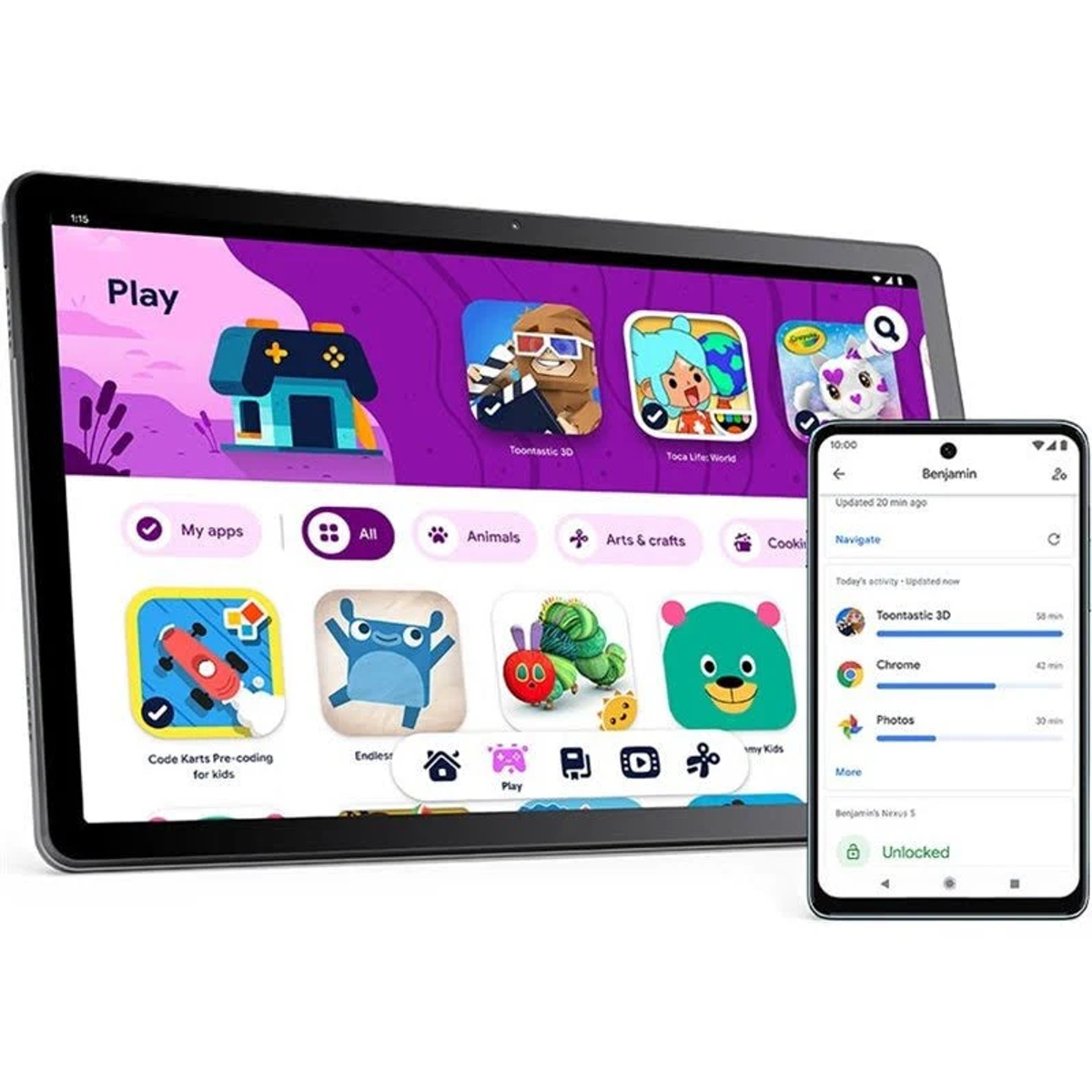Un tablet e un telefono che mostrano app e schermate. Lo sfondo è bianco.