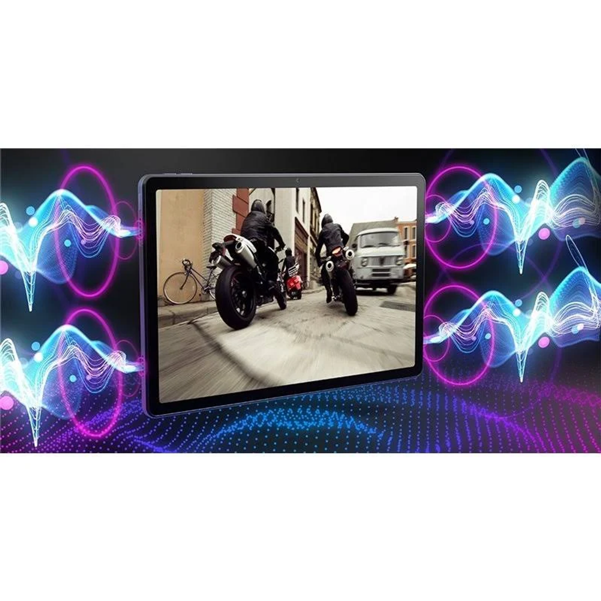 Tablet, mostra motociclette, sfondo con onde sonore.