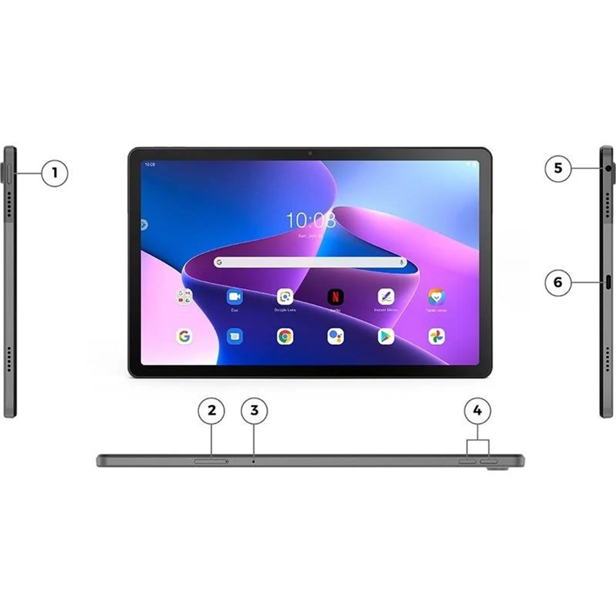 Tablet nero, vista angolata, schermo, pulsanti e porte. Etichette numerate visibili.