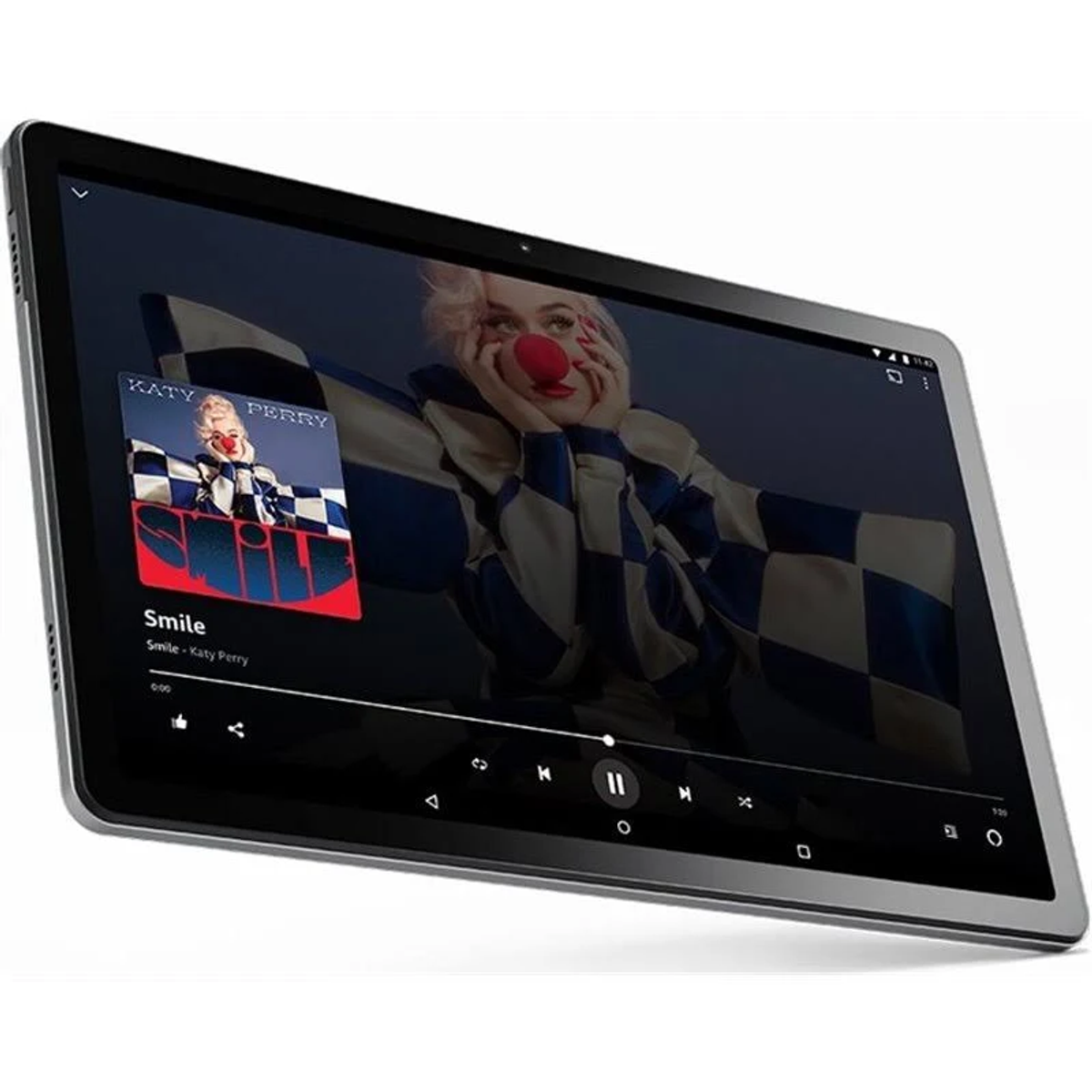 Tablet che riproduce musica di Katy Perry, con copertina a tema clown.