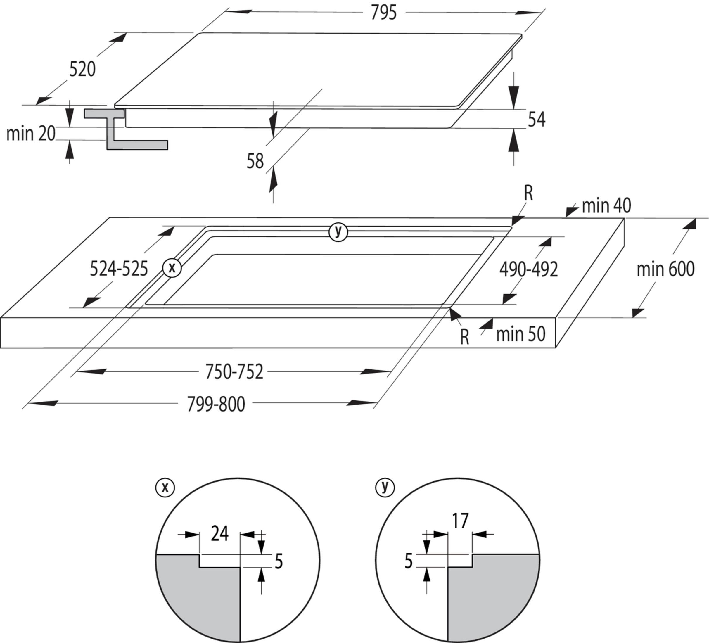 Technische Zeichnung eines Kochfelds. Abmessungen sind in Millimetern für die Installation angegeben.