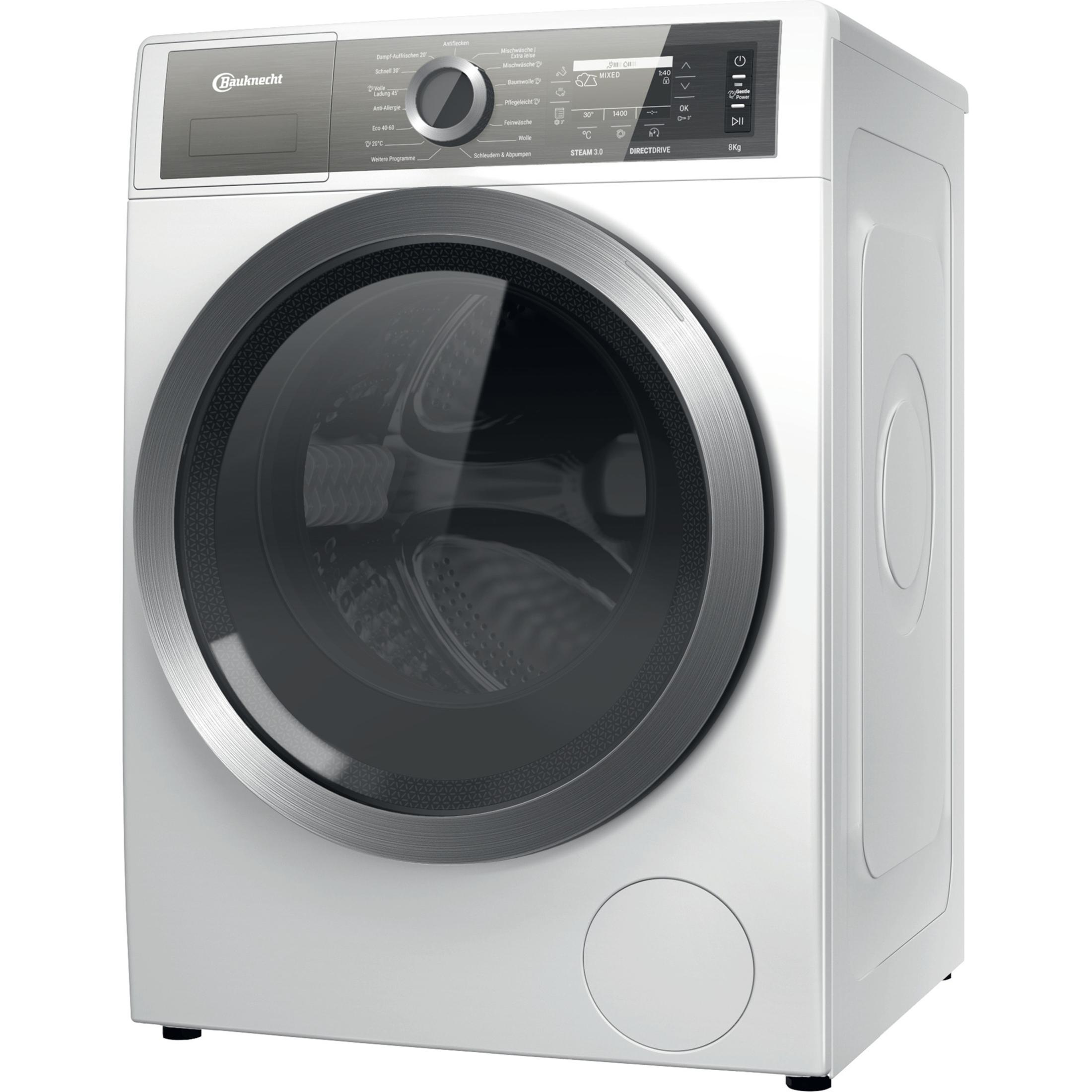 Eine weiße Waschmaschine mit einer großen Glastür.