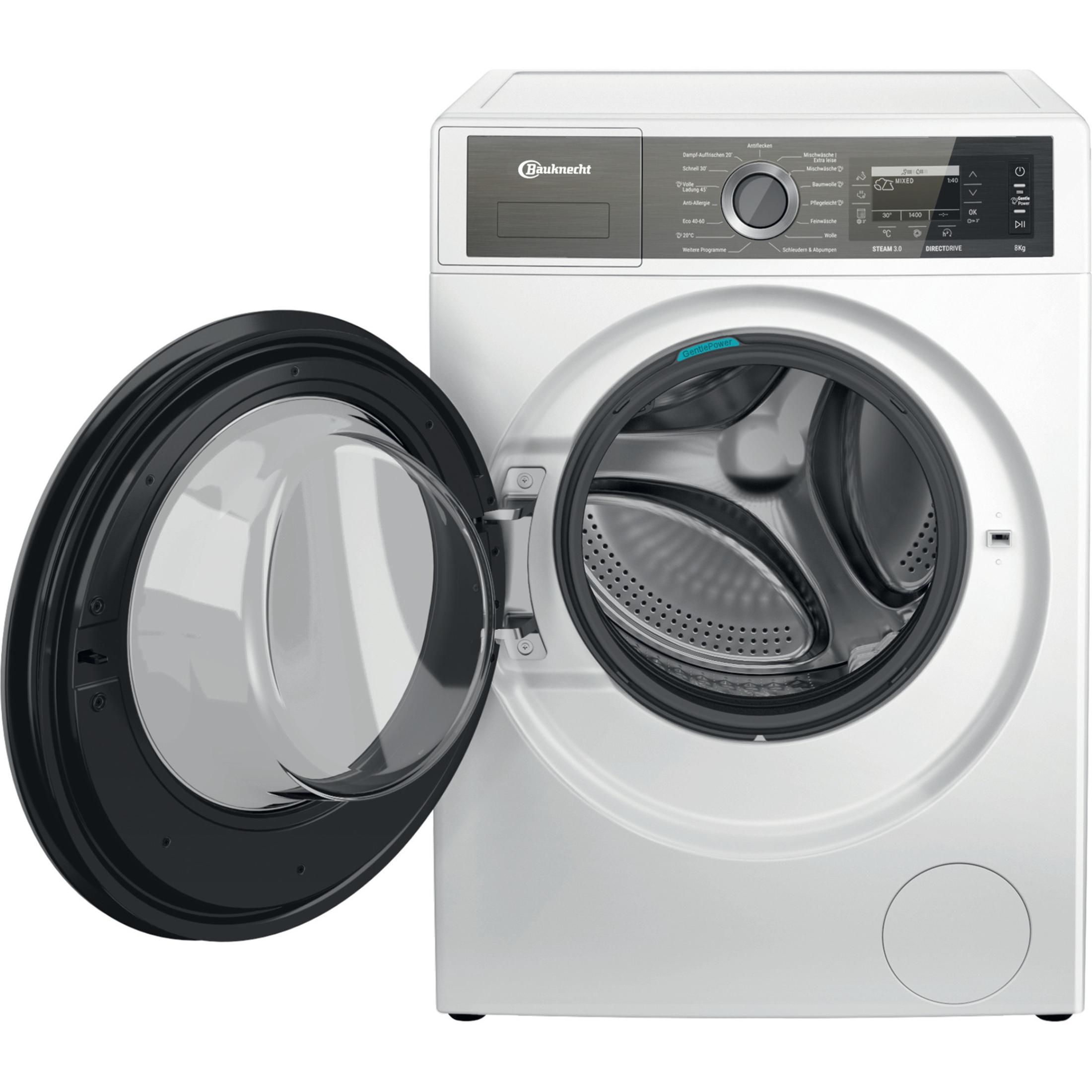 Weiße Waschmaschine mit offener Tür. Die Tür hat einen schwarzen Rahmen und die Maschine ein Bedienfeld.