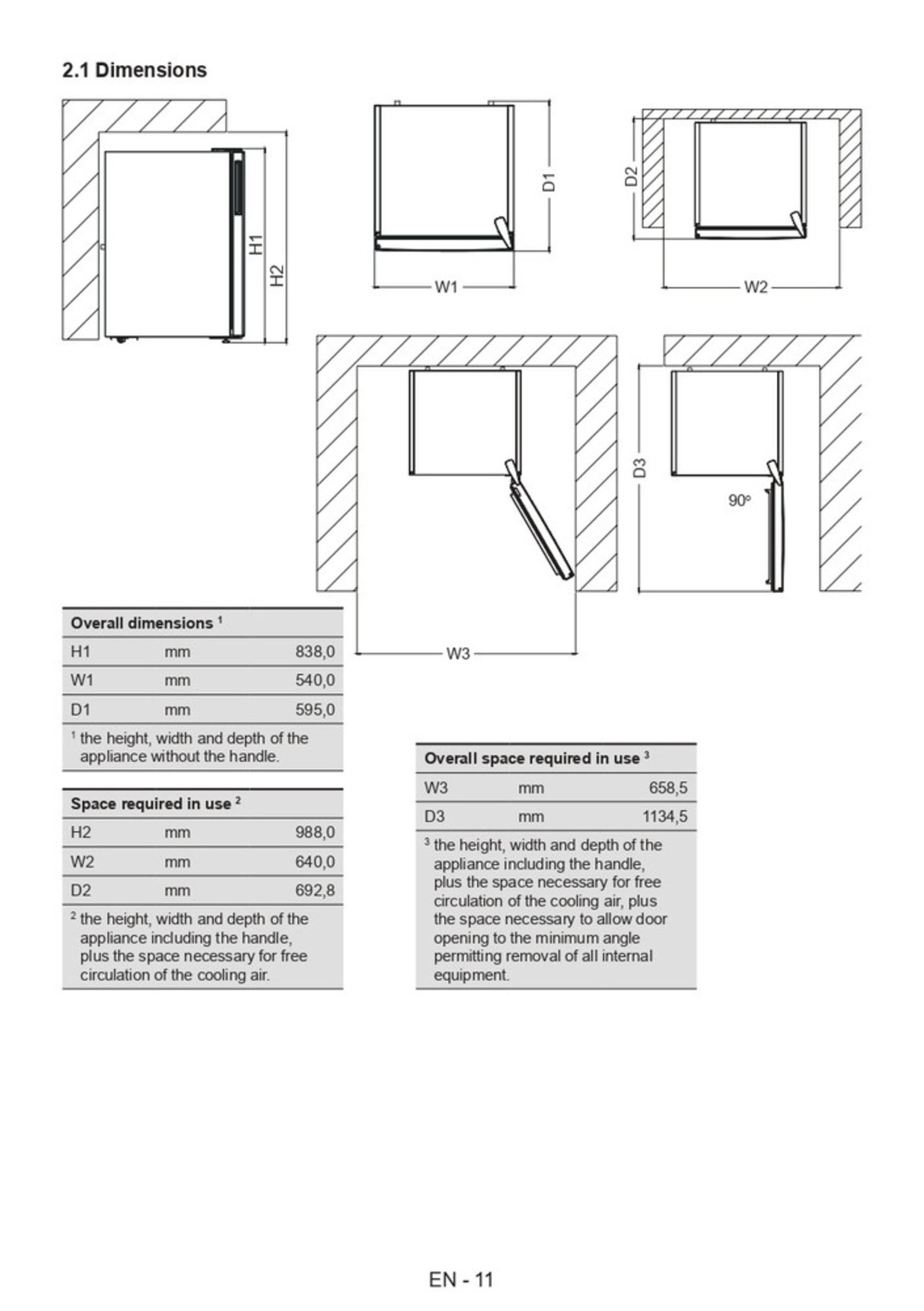 Diagramm eines Kühlschranks mit Abmessungen und Spezifikationen.