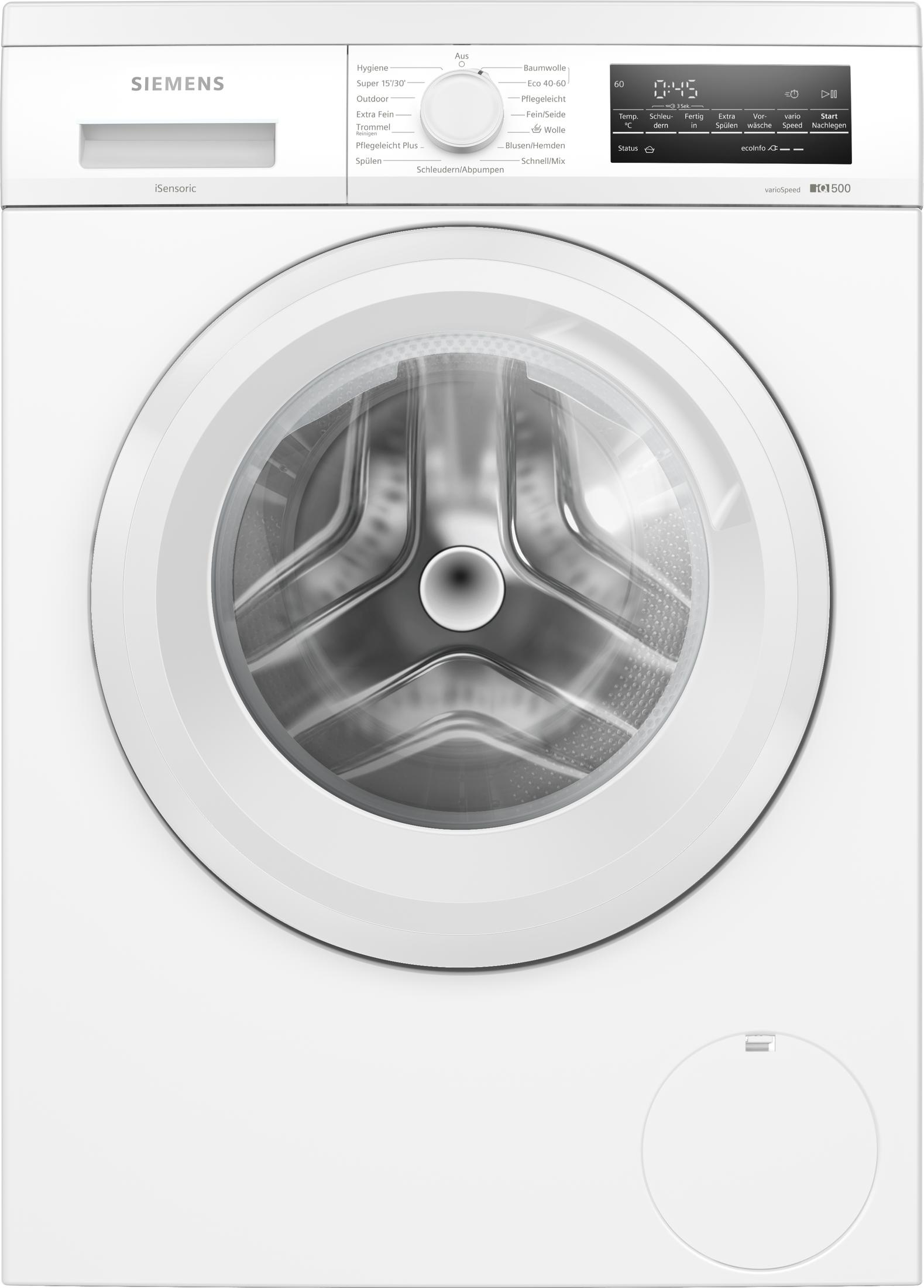 Weiße Siemens Waschmaschine mit Glastür und Bedienfeld.