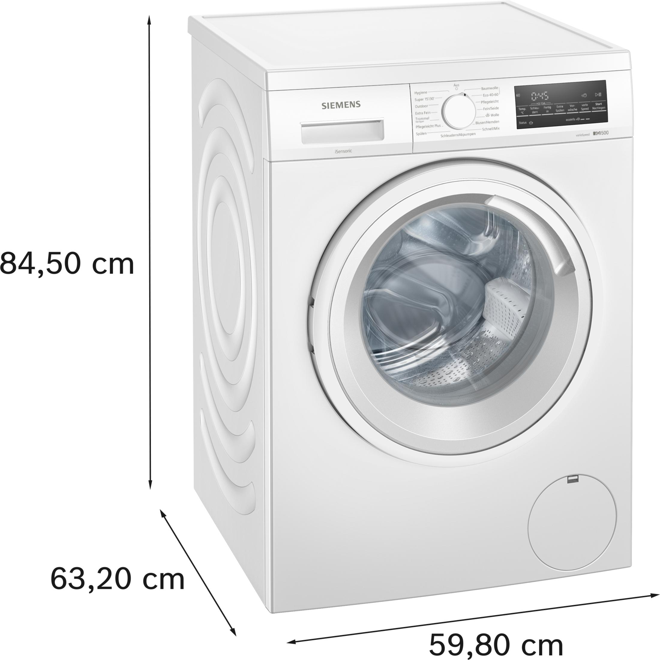 Eine weiße Siemens Waschmaschine mit Abmessungen in Zentimetern. Sie ist 84,50 cm hoch.