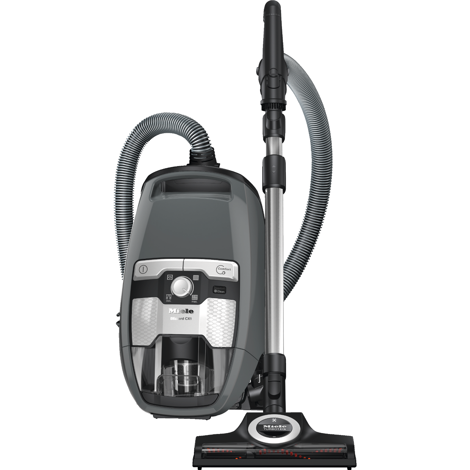 Aspirapolvere grigio con tubo e accessori, sfondo nero.
