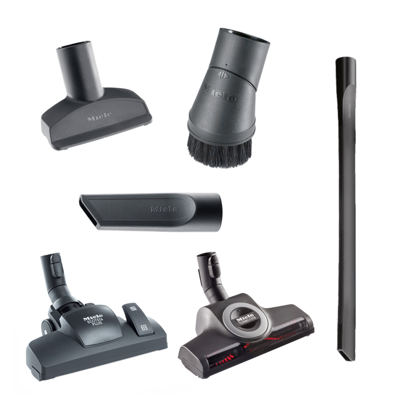 Set di accessori per aspirapolvere grigio scuro su sfondo bianco.