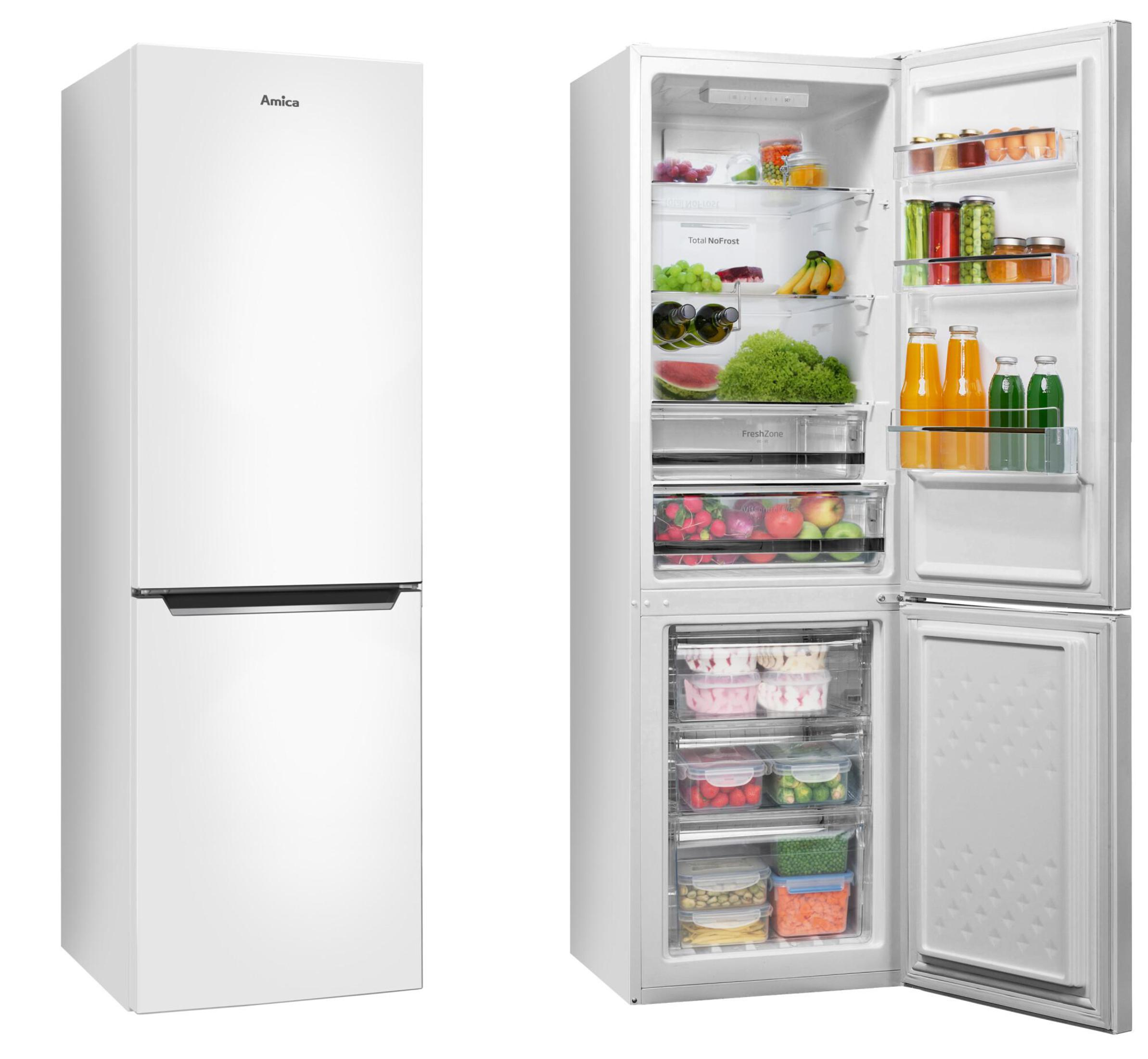 Weißer Kühlschrank mit geöffneter Tür, Innenraum mit Lebensmitteln.