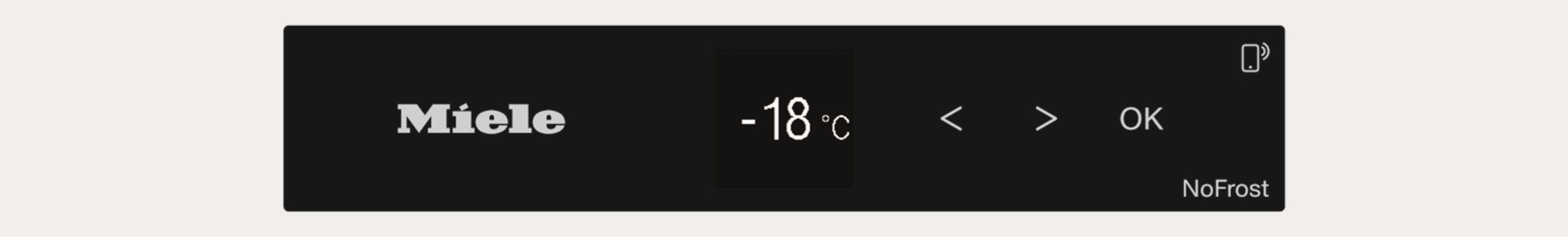 Schwarzer Bildschirm mit Miele, -18°C und Navigationspfeilen, vor weißem Hintergrund.