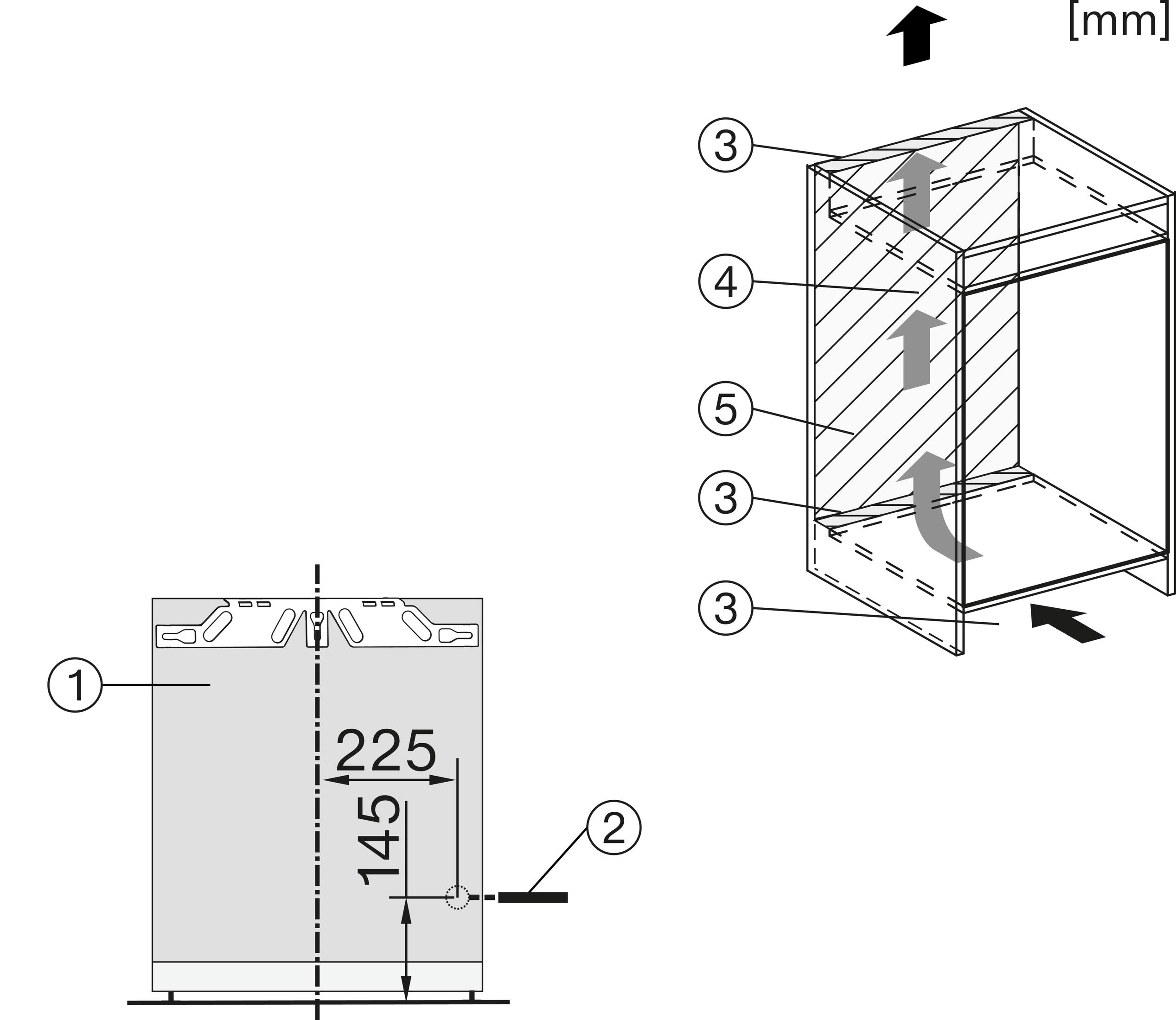 Diagramm zum Schrankaufbau mit Maßen und Pfeilen, die die Montage anzeigen.