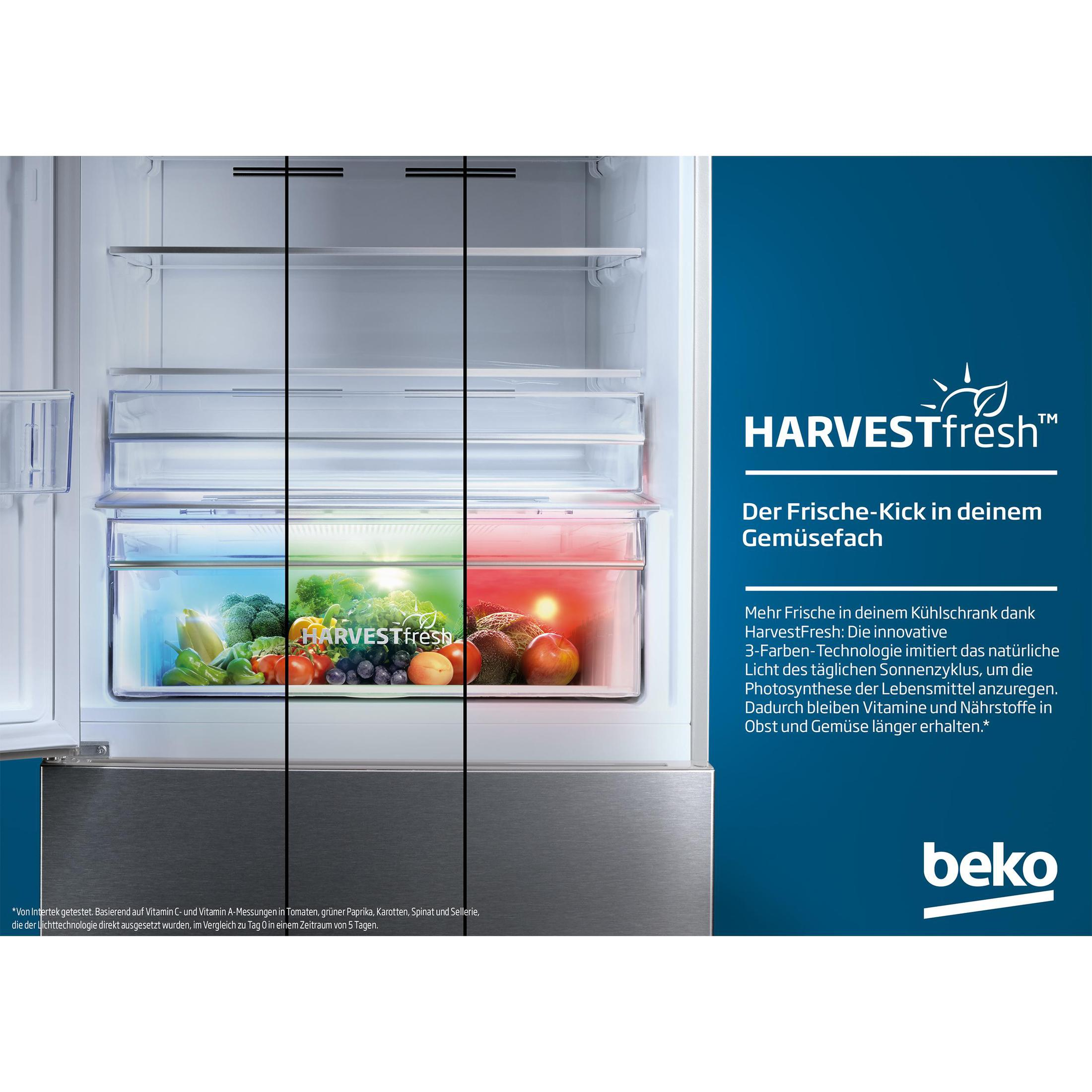 Open refrigerator with fresh produce in drawers, text HarvestFresh, and Beko logo.