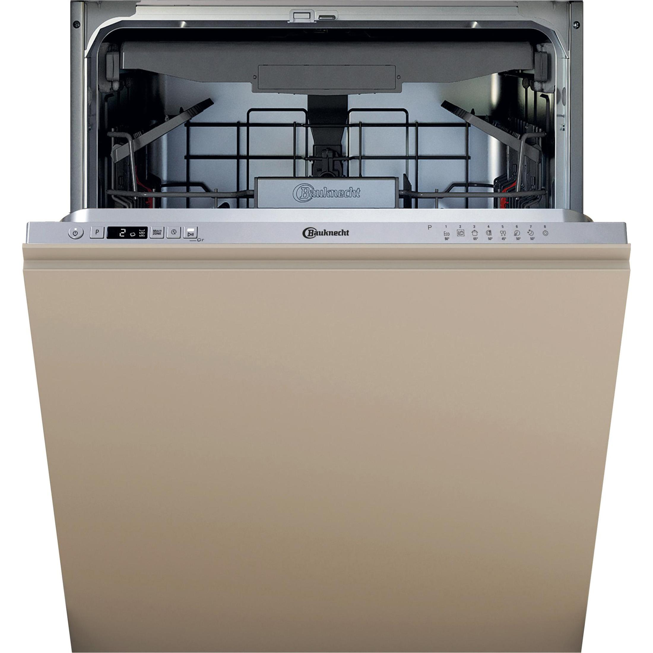 Geschirrspüler mit offener Tür. Innen sind Gestelle und Sprüharme zu sehen. Die Außenseite hat eine beige Blende.