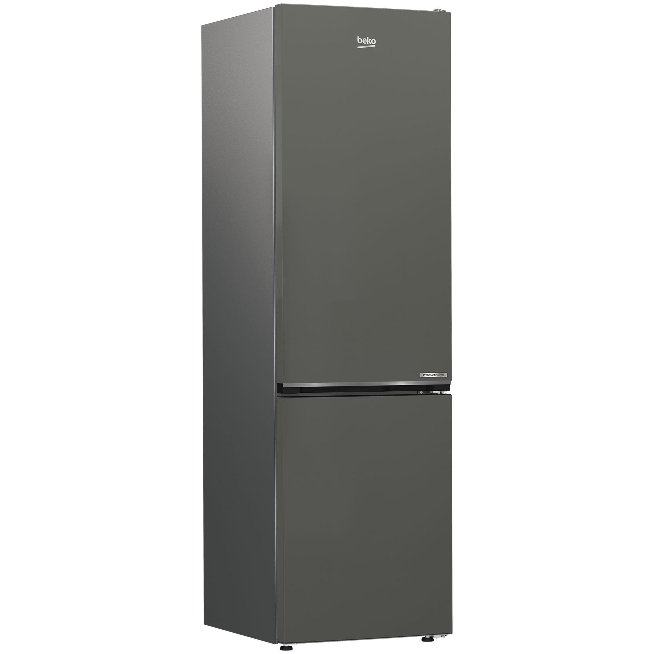 Dark gray Beko refrigerator. It is closed, with a door and freezer door.