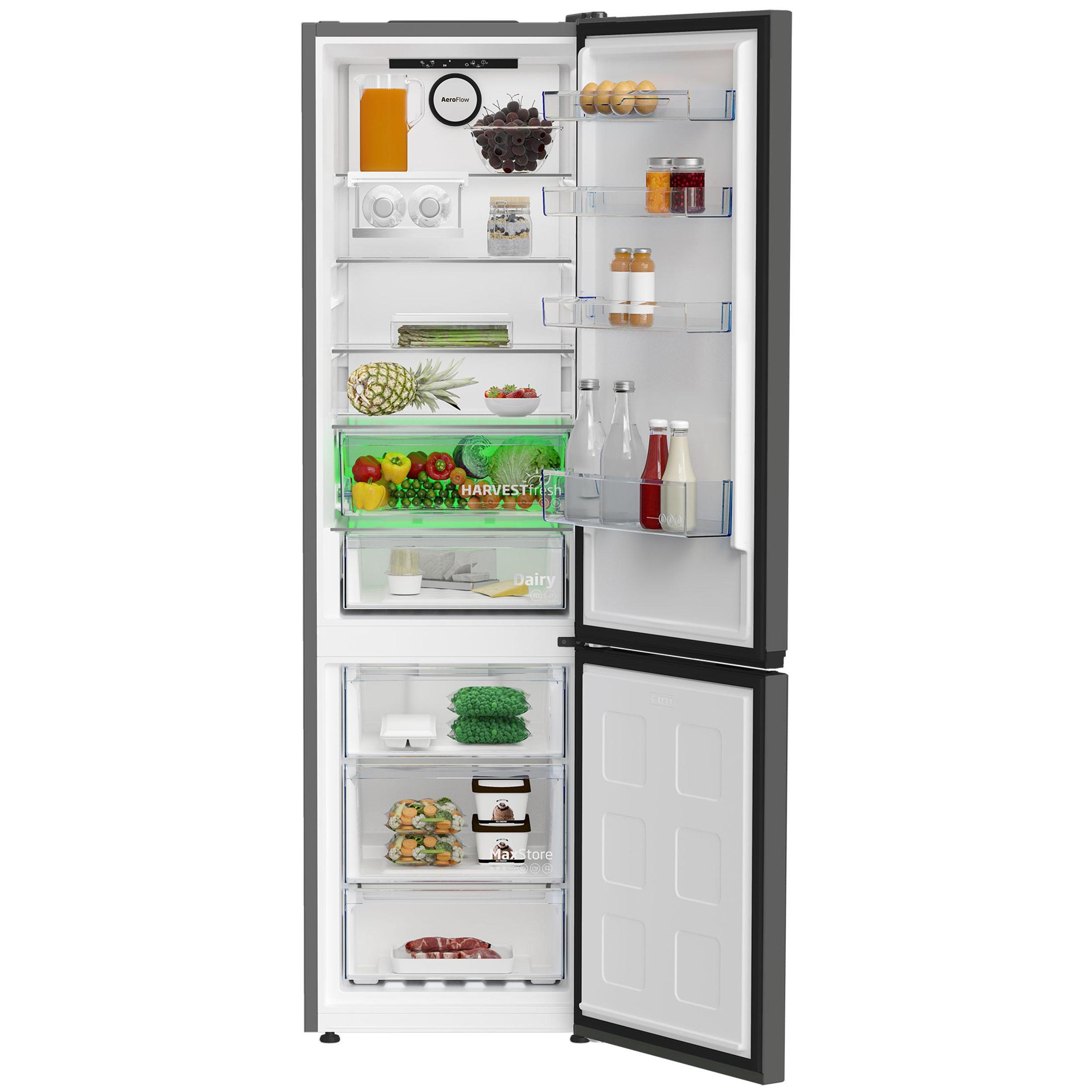 Open refrigerator. Interior with food items. White background.