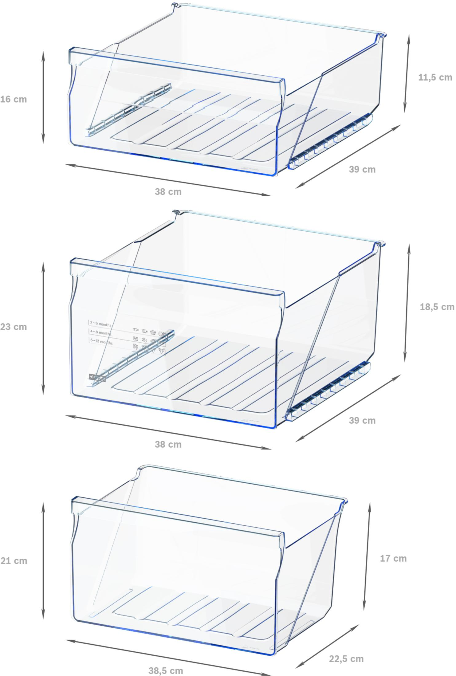 Tre cassetti per frigorifero in plastica trasparente di diverse dimensioni, con dimensioni etichettate, su sfondo bianco.