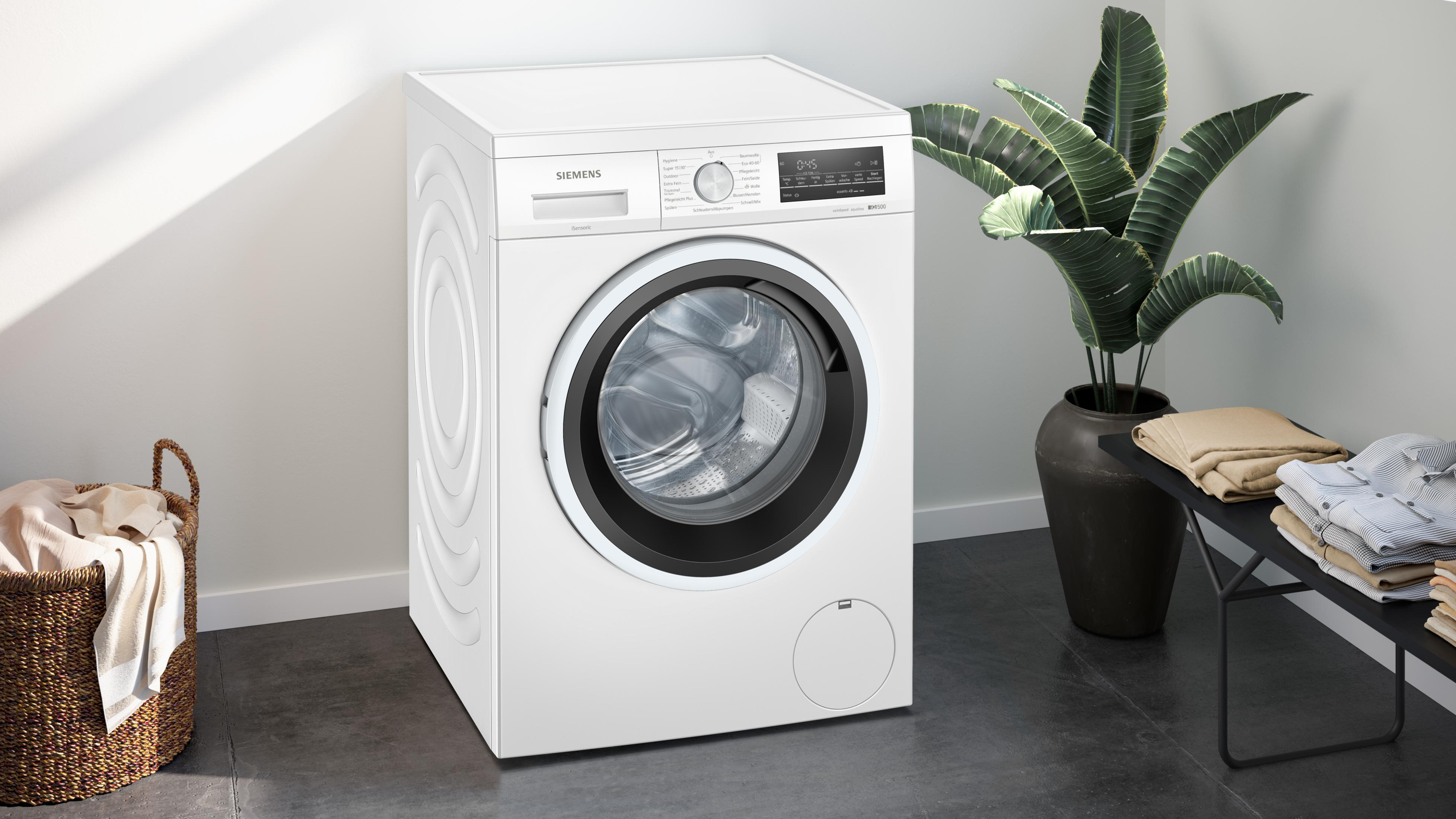 Weiße Waschmaschine und Korb mit Kleidung auf weißem Hintergrund, neben einer Pflanze.
