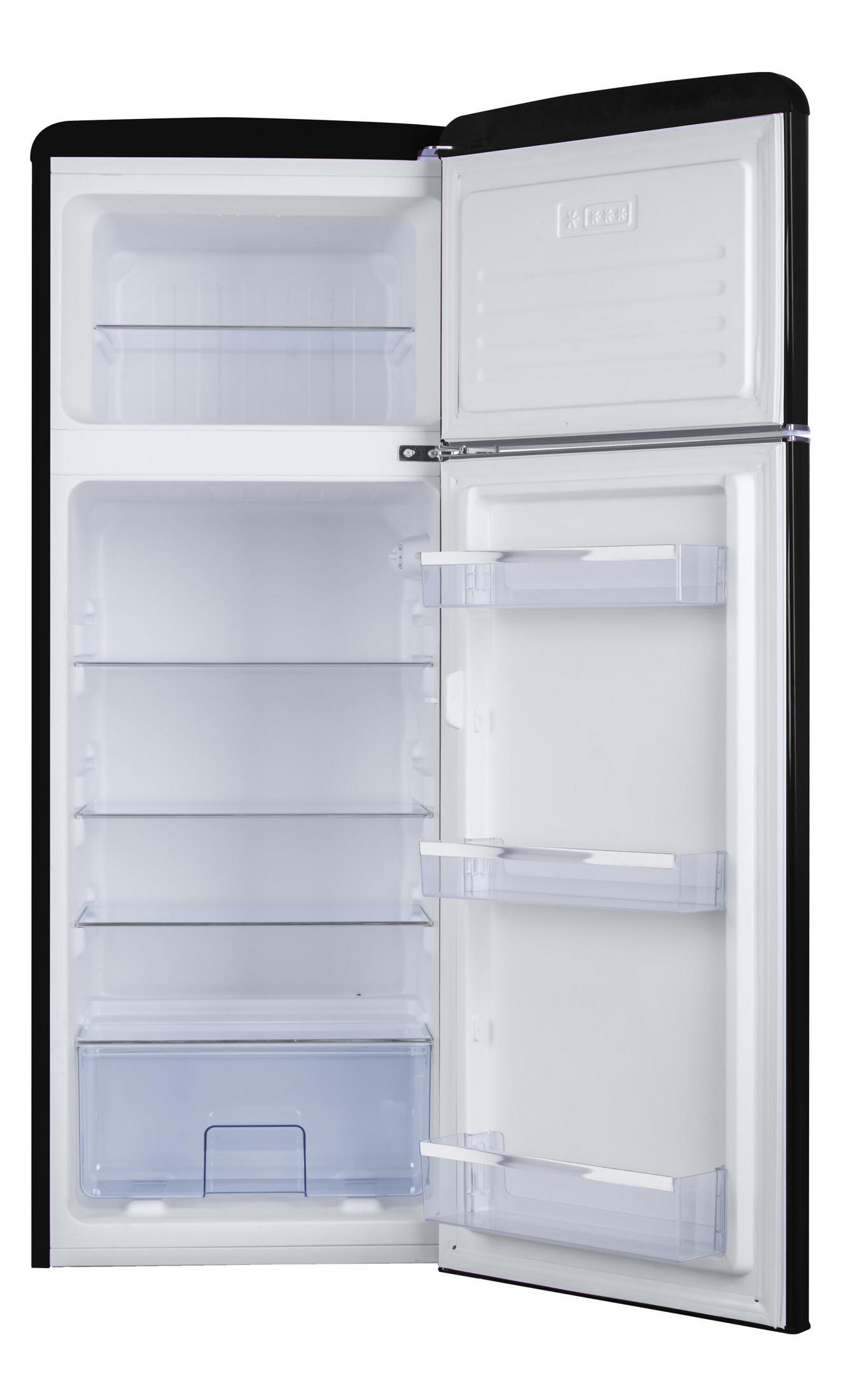 Ein schwarzer Kühlschrank mit offener Tür, zeigt Regale, Schubladen und ein Gefrierfach.