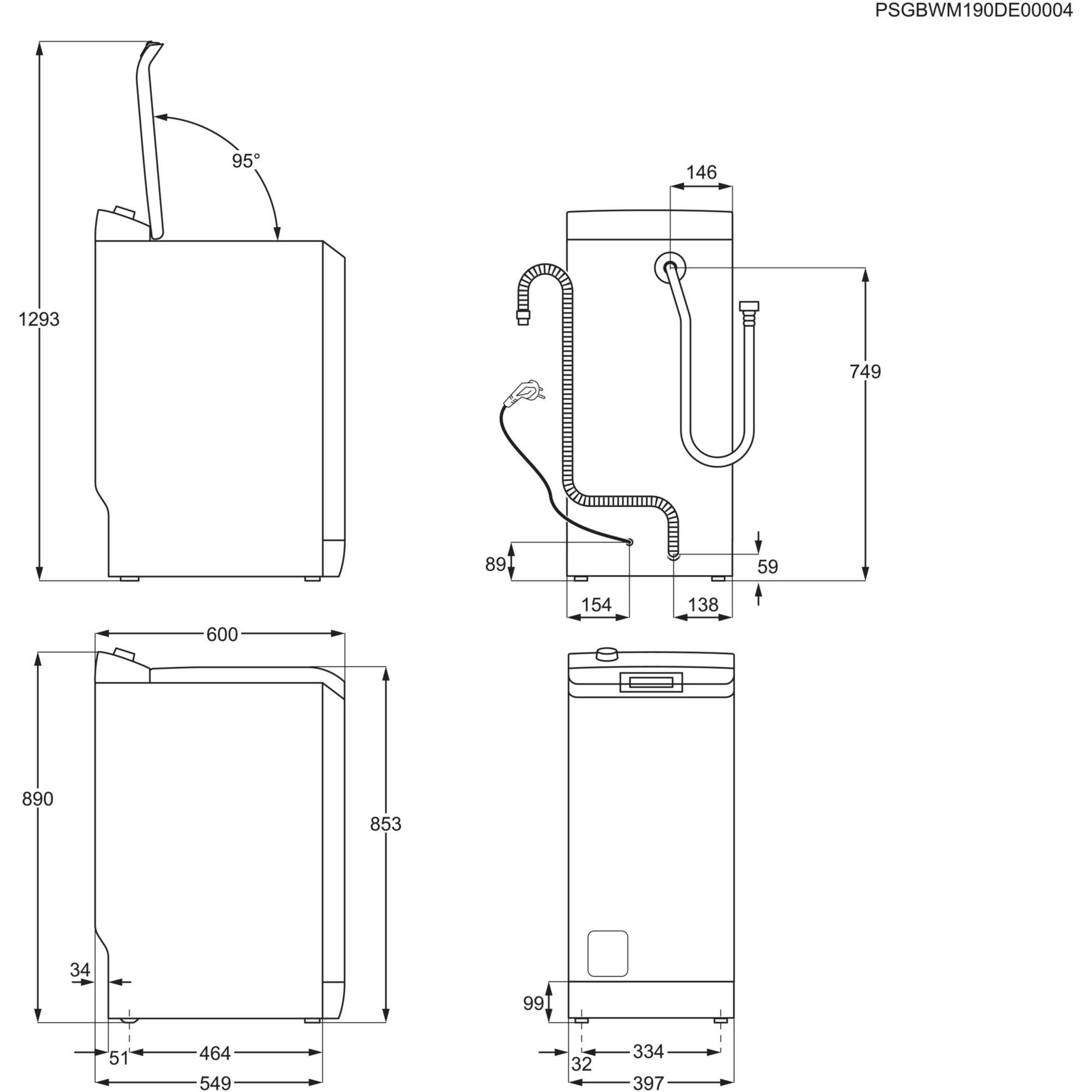 Technische Zeichnung einer Waschmaschine mit Abmessungen und Details.