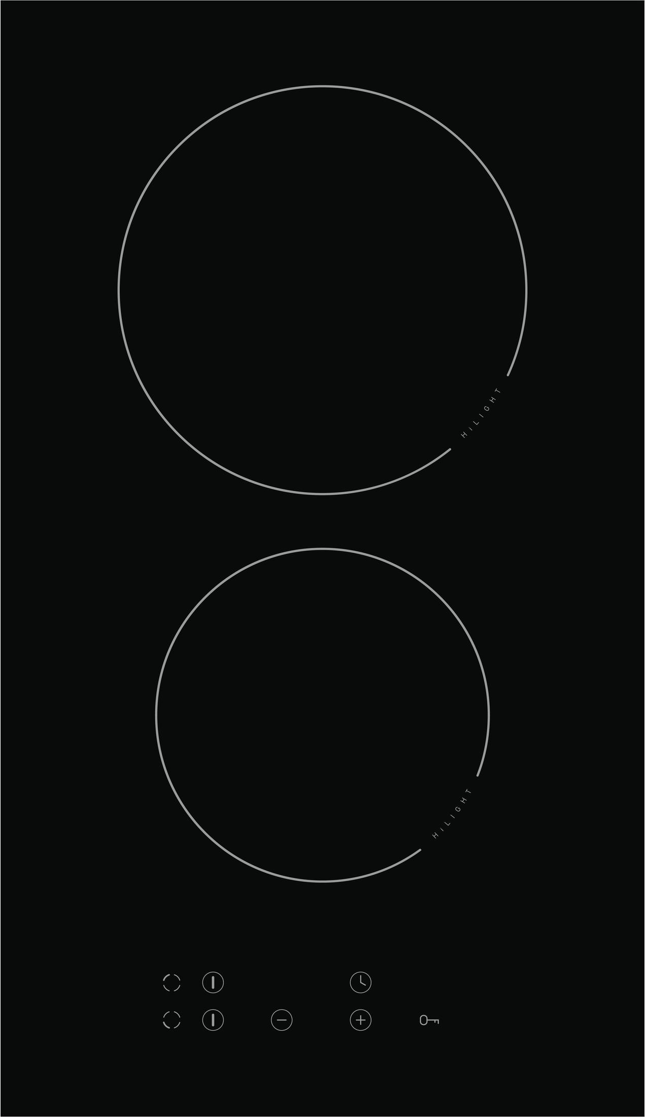 Czarna płyta indukcyjna z dwoma okrągłymi strefami gotowania i sterowaniem dotykowym, na białym tle.